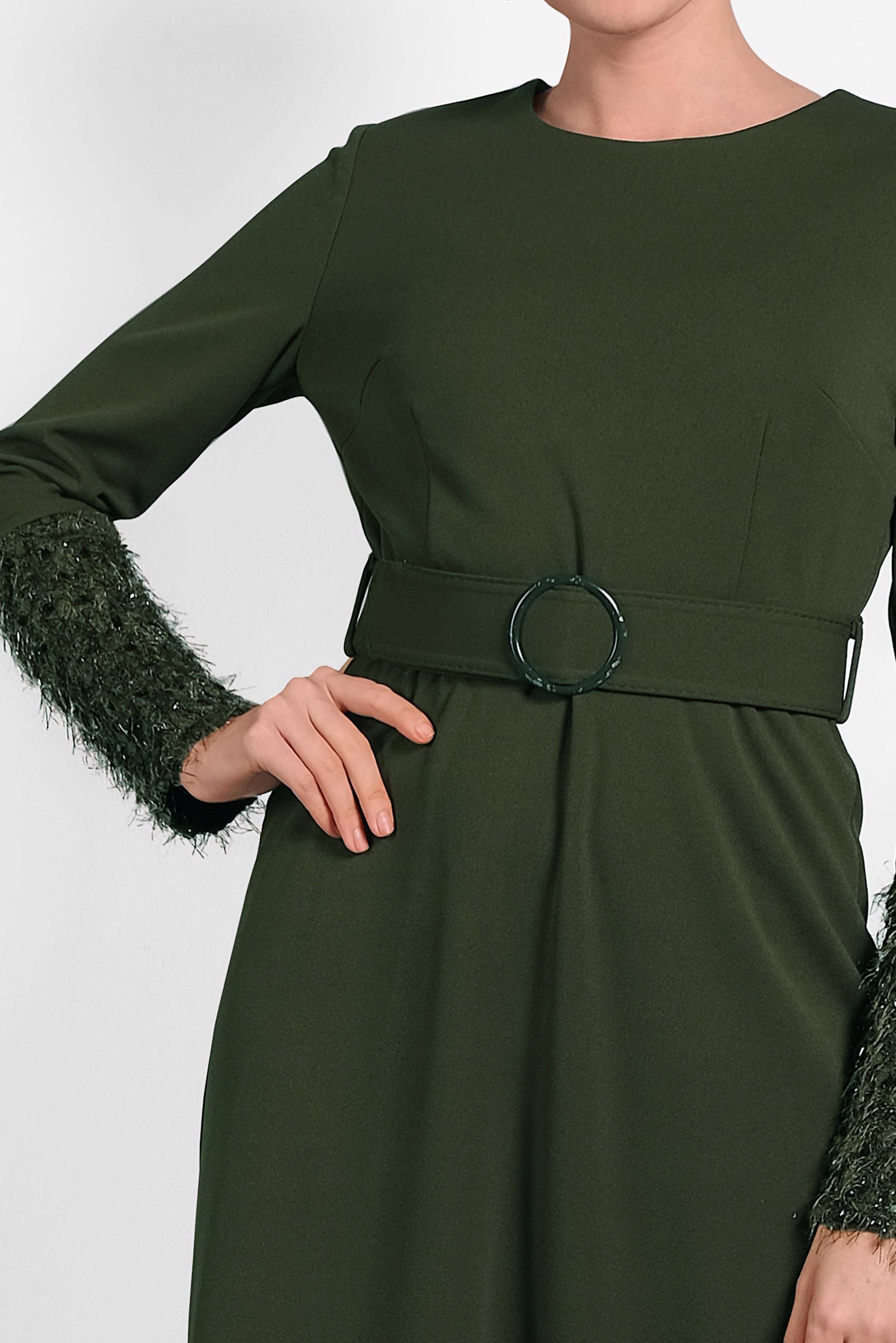 Tesettür giyim HAKİ KEMERLİ PUL PAYETLİ ELBİSE 40230 