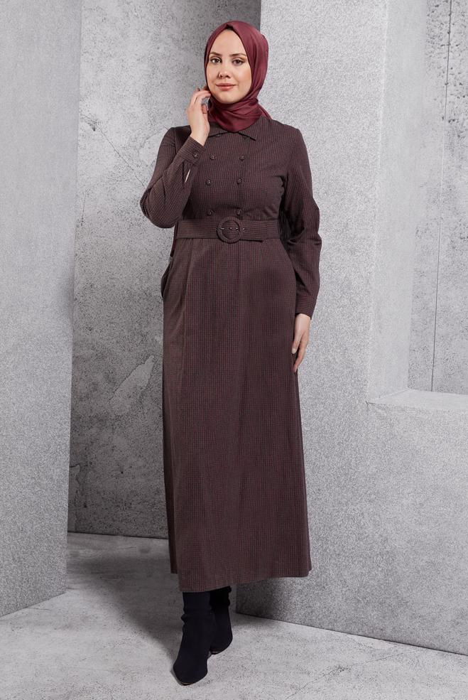 Tesettür giyim SİYAH KEMERLİ DÜĞMELİ ELBİSE 40270 - ALVİNA