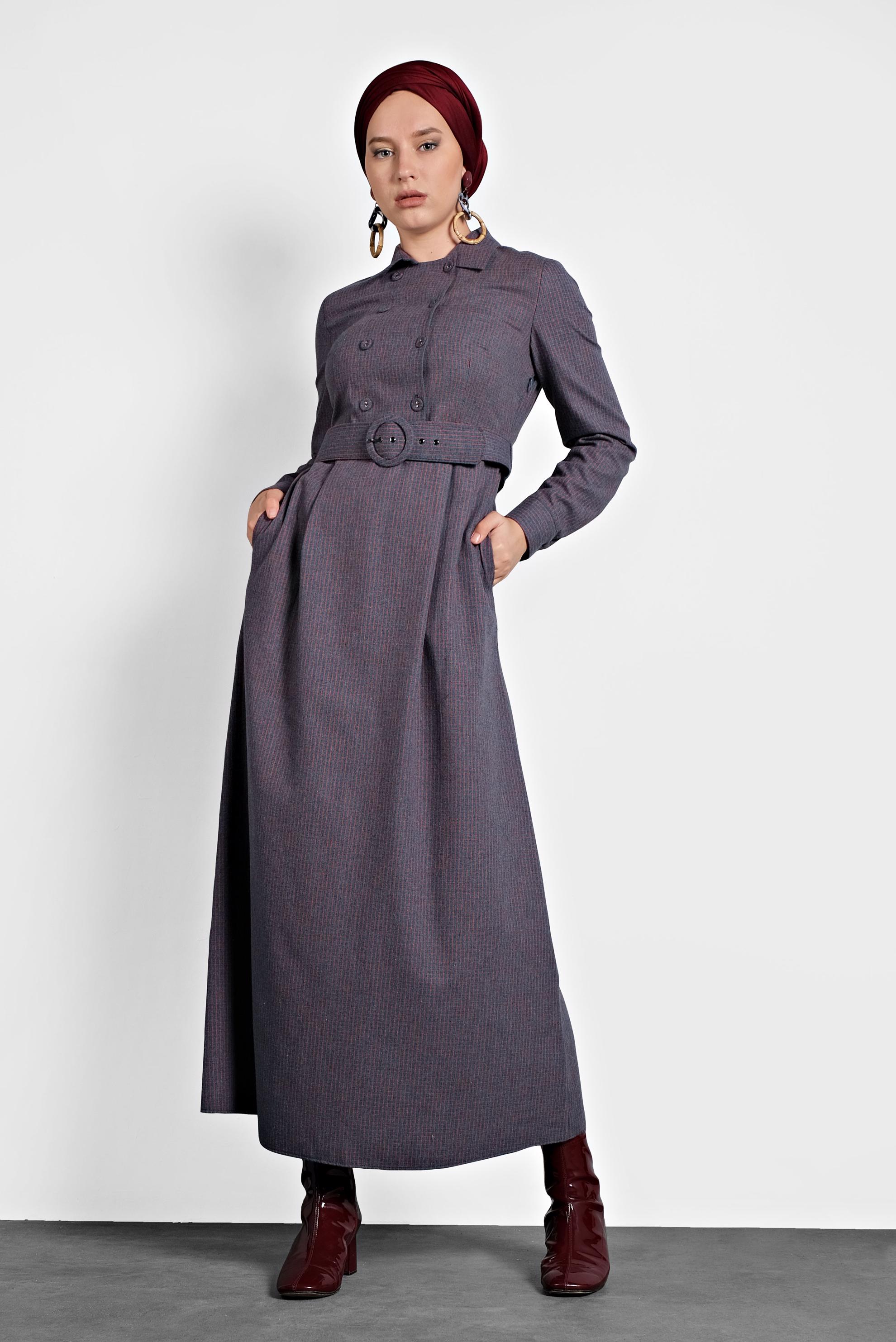 Tesettür giyim LACİVERT KEMERLİ DÜĞMELİ ELBİSE 40270