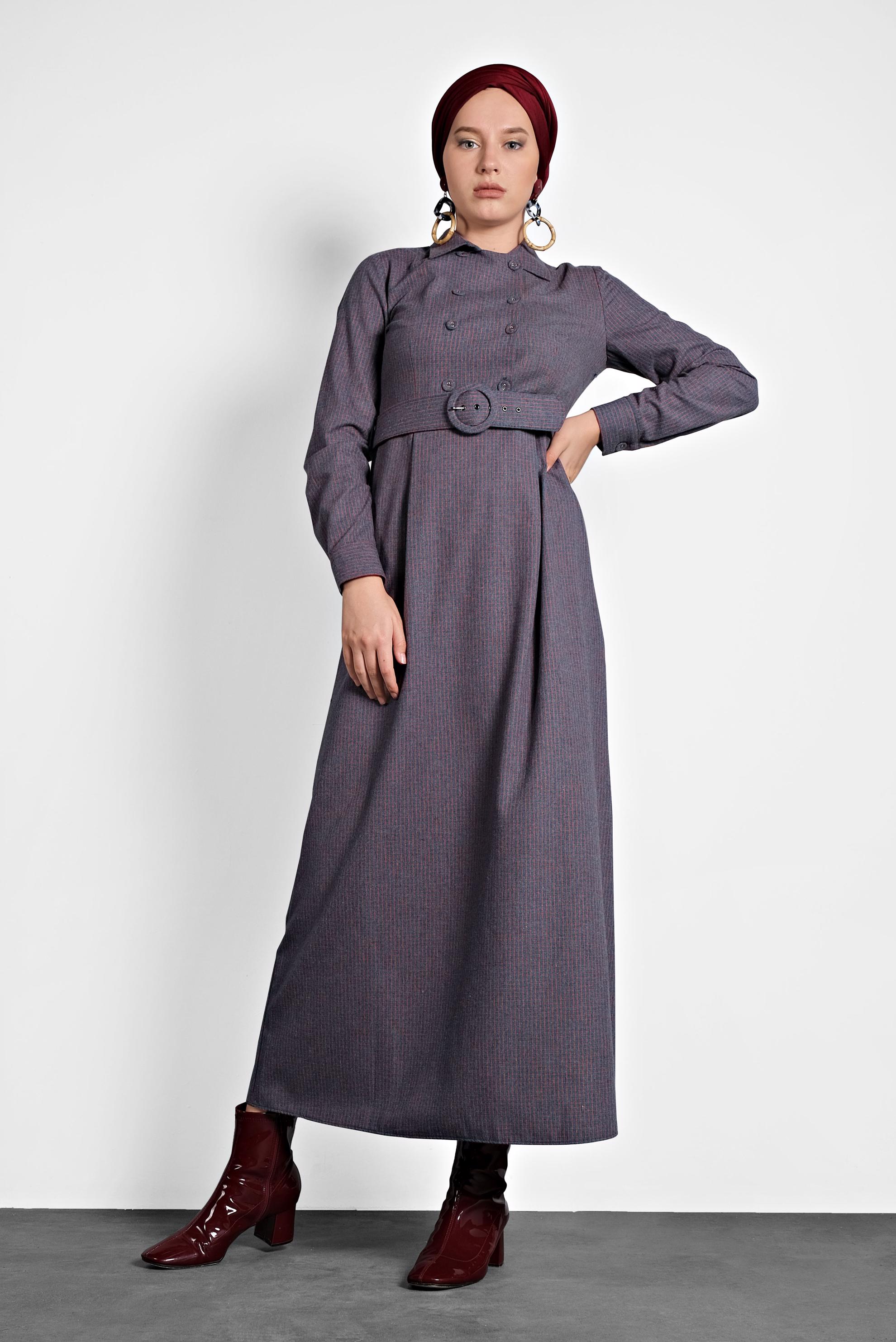 Tesettür giyim LACİVERT KEMERLİ DÜĞMELİ ELBİSE 40270