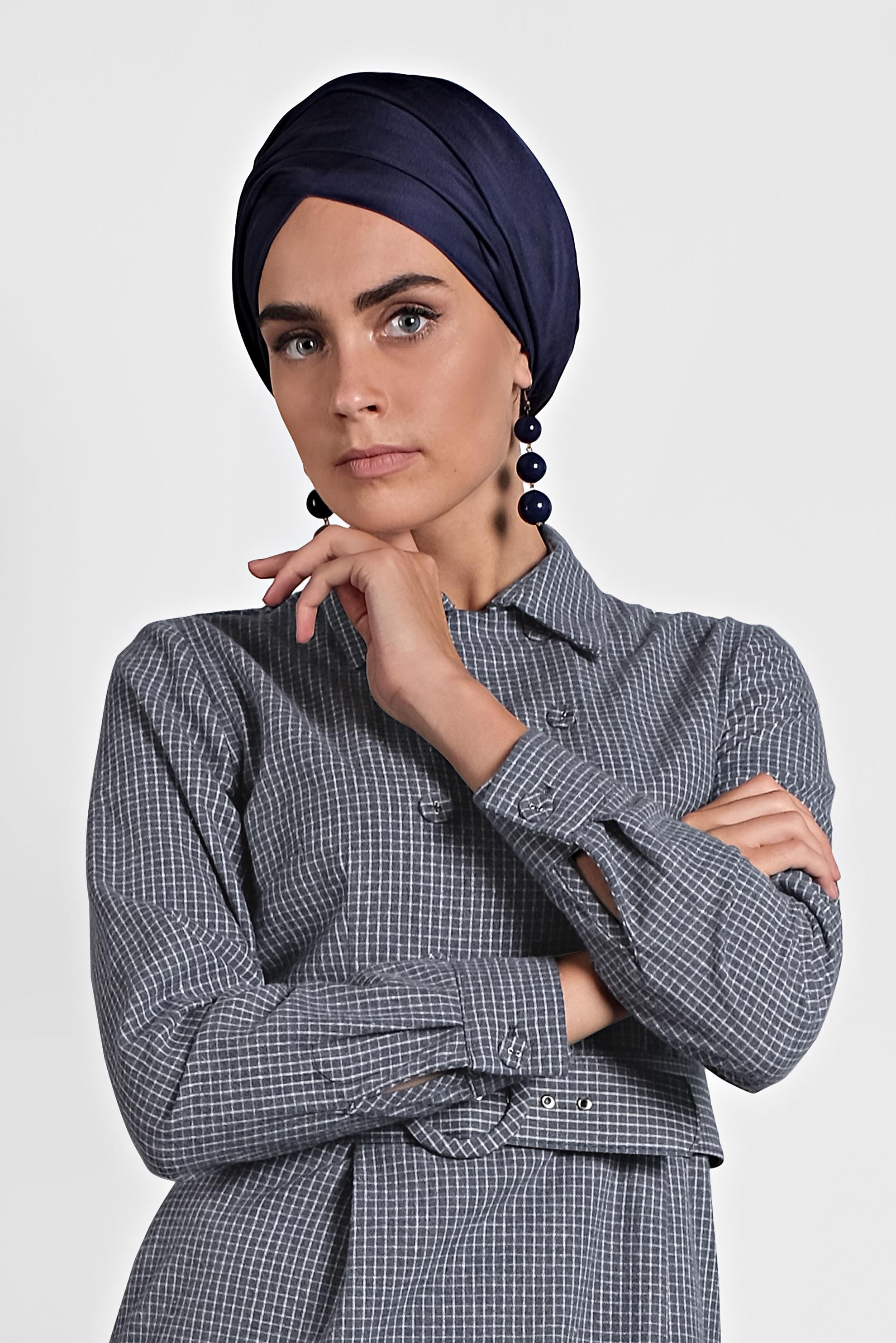 Tesettür giyim LACİVERT KEMERLİ DÜĞMELİ ELBİSE 40270