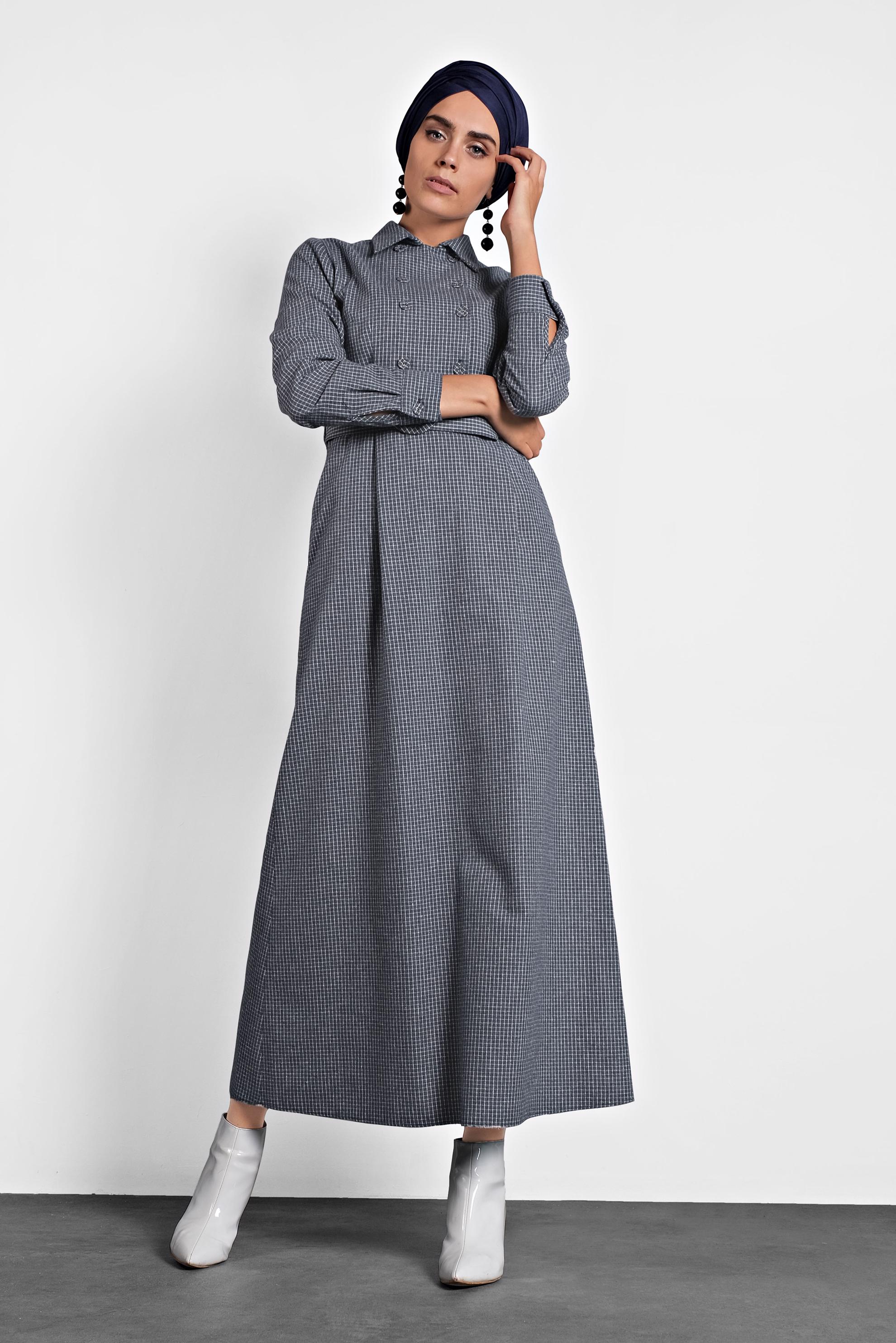 Tesettür giyim LACİVERT KEMERLİ DÜĞMELİ ELBİSE 40270