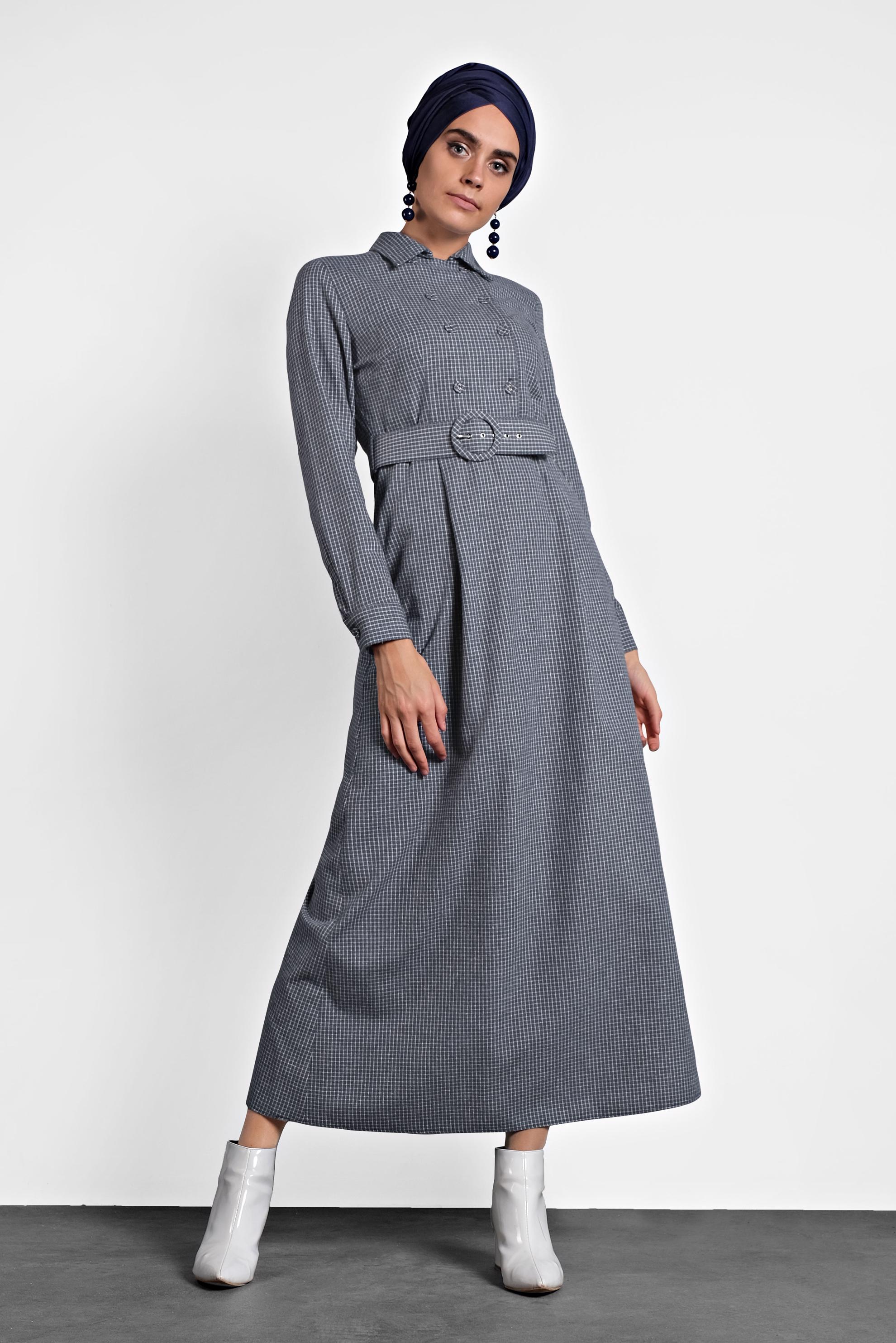 Tesettür giyim LACİVERT KEMERLİ DÜĞMELİ ELBİSE 40270