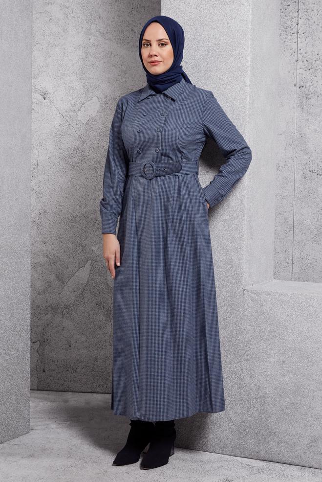Tesettür giyim LACİVERT KEMERLİ DÜĞMELİ ELBİSE 40270 - ALVİNA