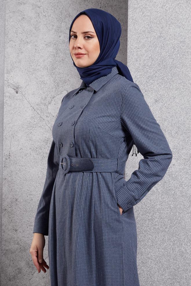 Tesettür giyim LACİVERT KEMERLİ DÜĞMELİ ELBİSE 40270 - ALVİNA