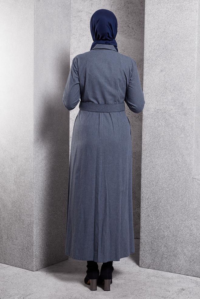 Tesettür giyim LACİVERT KEMERLİ DÜĞMELİ ELBİSE 40270 - ALVİNA