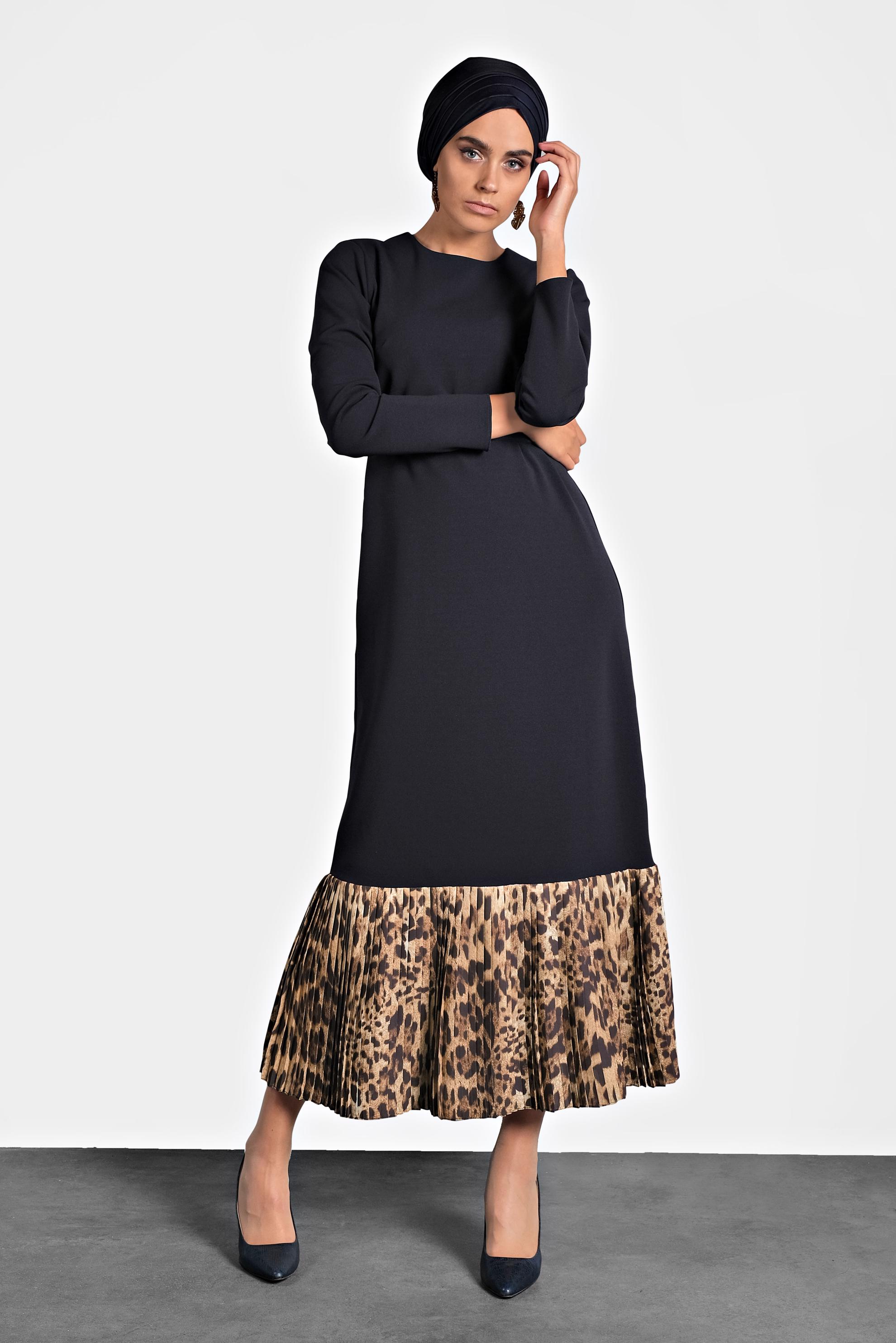 Tesettür giyim LACİVERT KUŞAKLI LEOPAR DESENLİ ELBİSE 40272