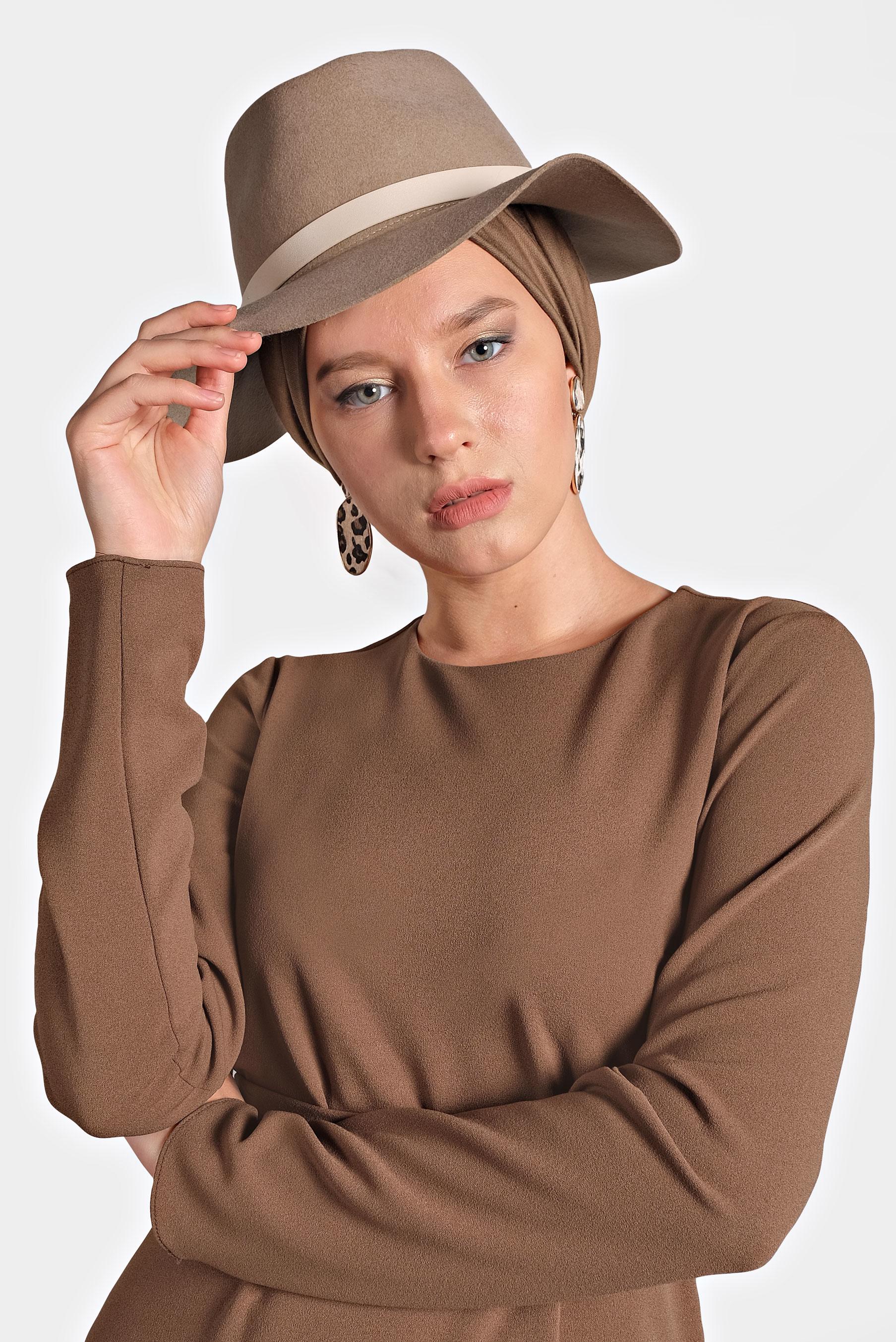 Tesettür giyim TABA KUŞAKLI LEOPAR DESENLİ ELBİSE 40272