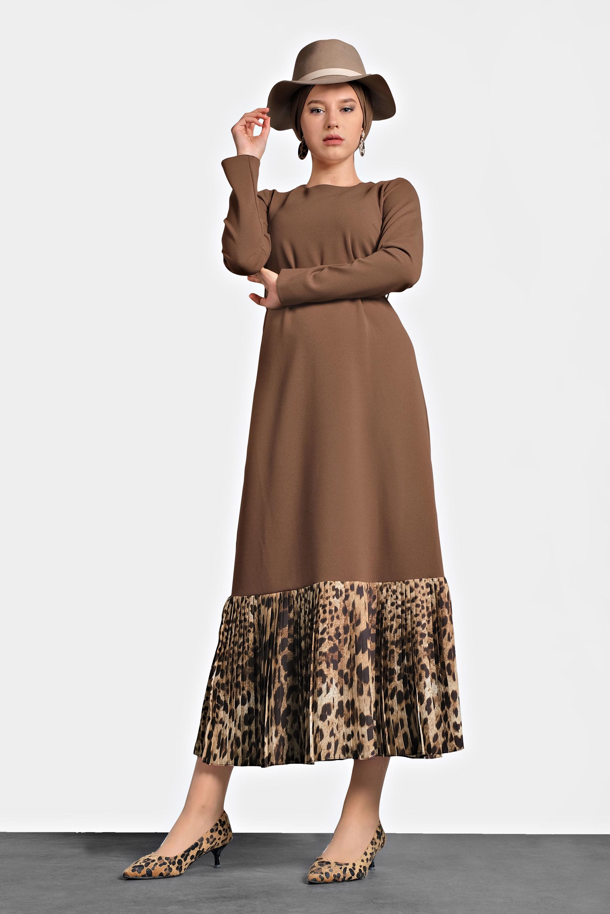 Tesettür giyim TABA KUŞAKLI LEOPAR DESENLİ ELBİSE 40272