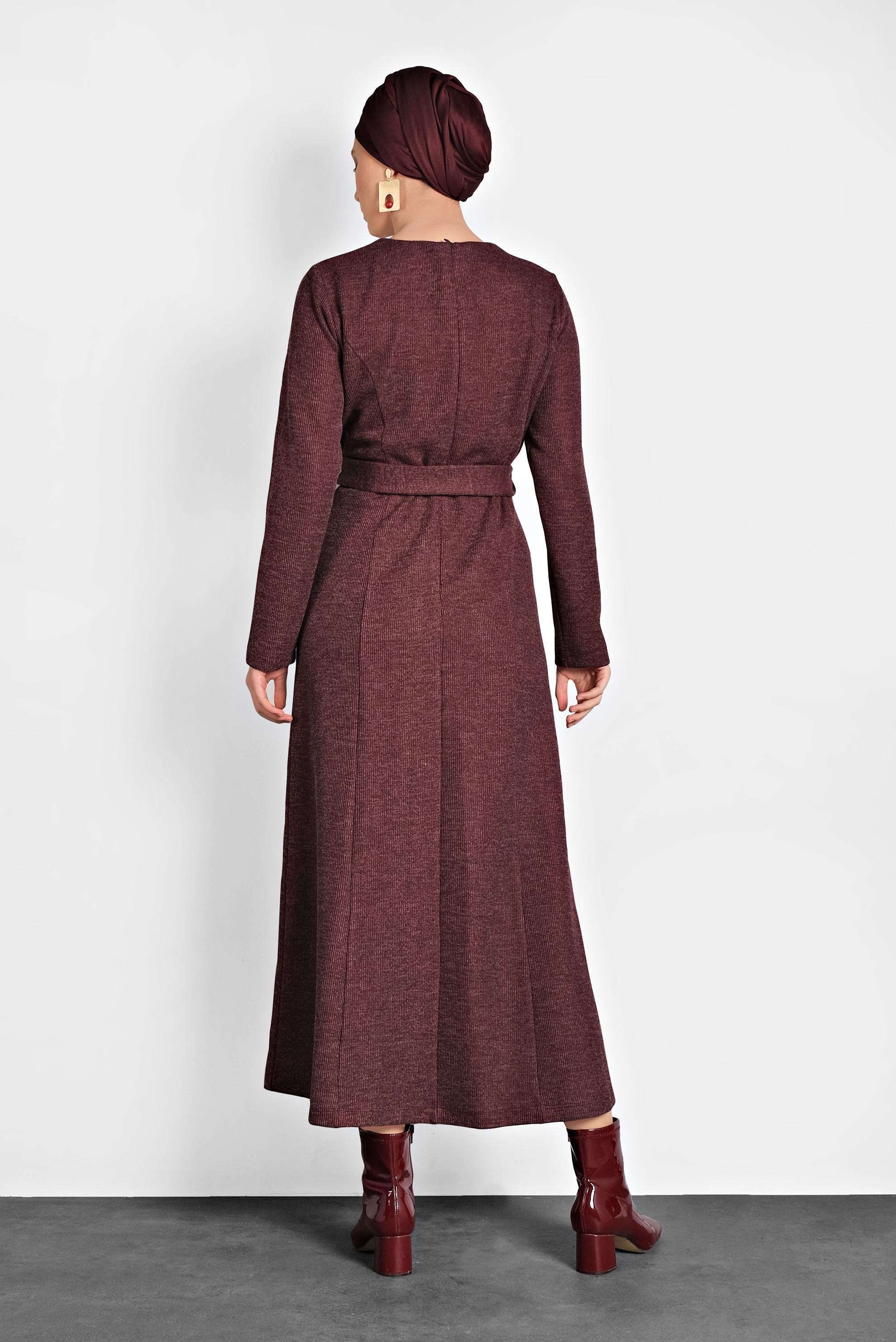 Tesettür giyim BORDO KEMERLİ TRİKO ELBİSE 40274 