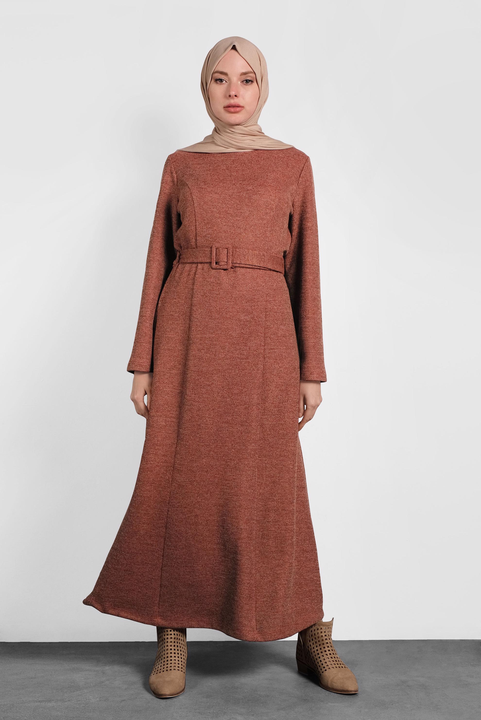 Tesettür giyim TURUNCU KEMERLİ TRİKO ELBİSE 40274 