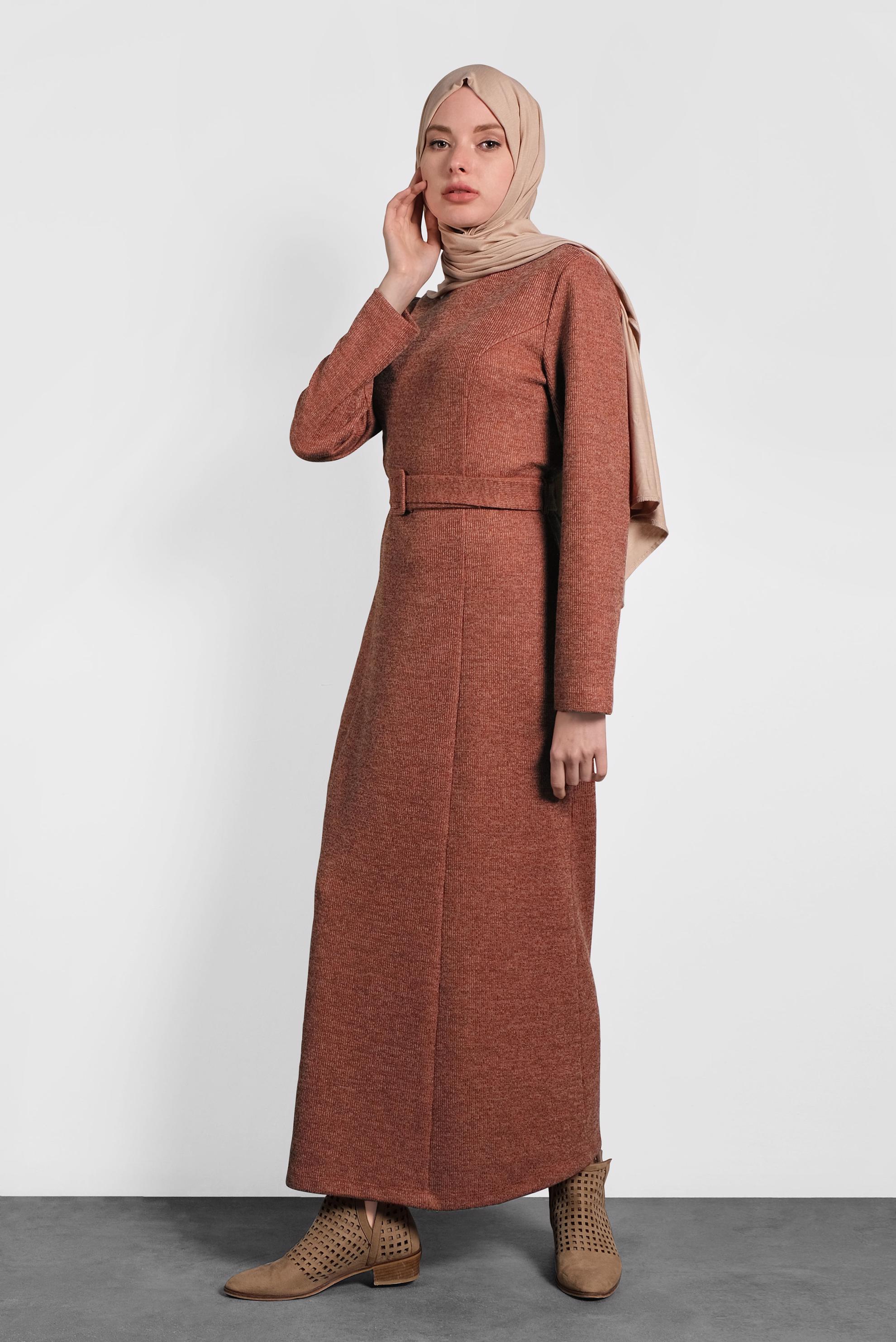 Tesettür giyim TURUNCU KEMERLİ TRİKO ELBİSE 40274 