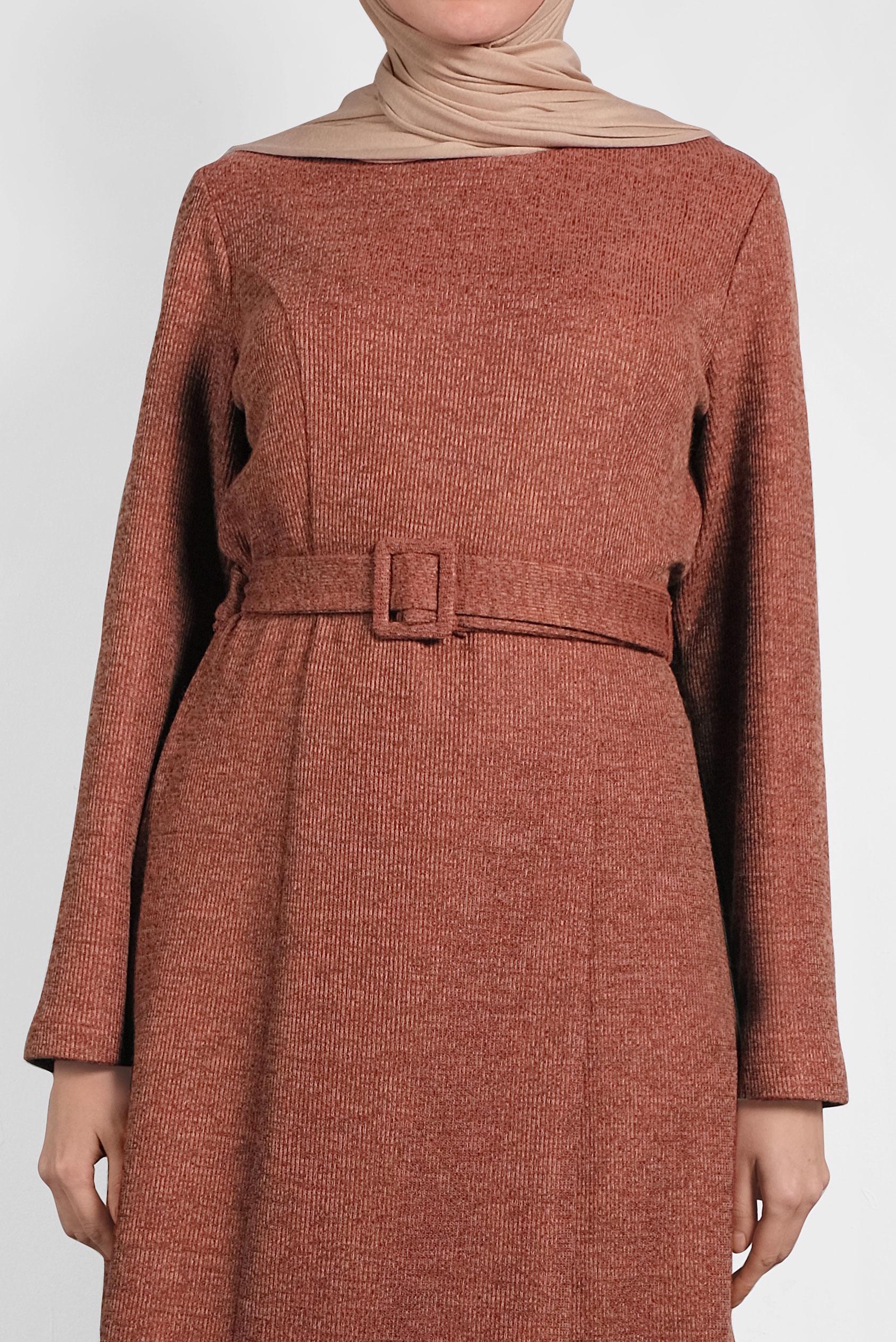 Tesettür giyim TURUNCU KEMERLİ TRİKO ELBİSE 40274 