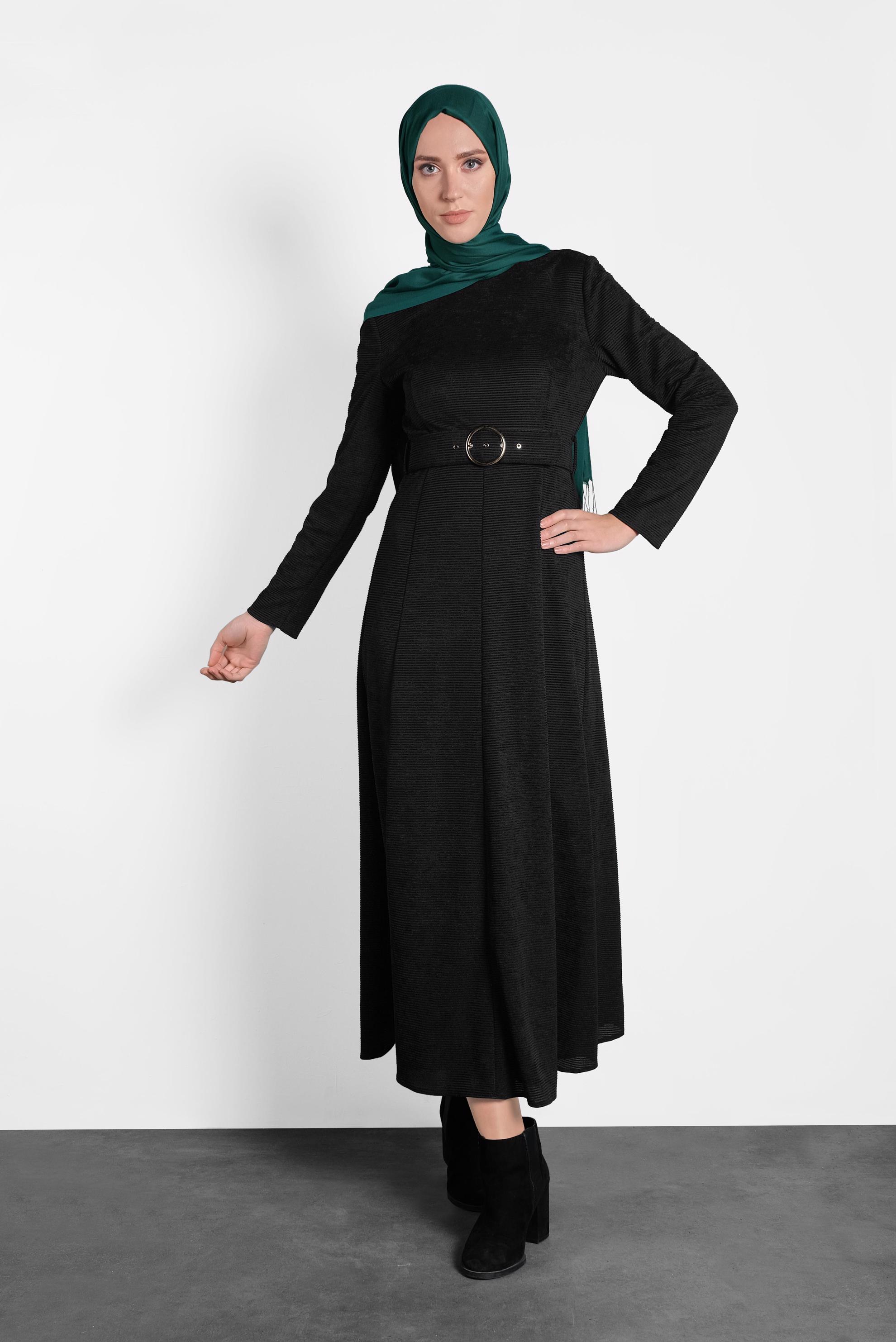 Tesettür giyim SİYAH ŞÖNİL KADİFE ELBİSE 40287