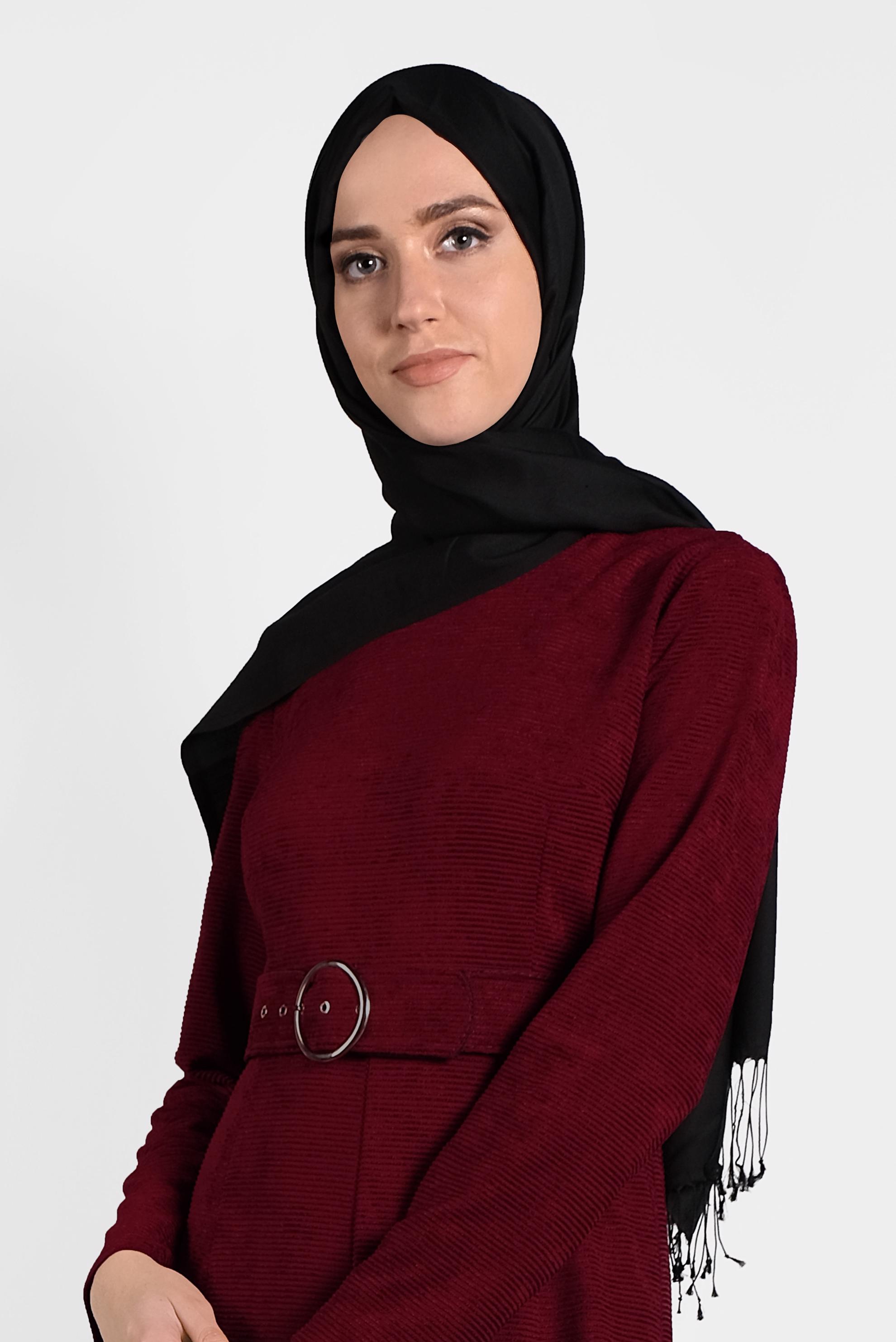Tesettür giyim BORDO ŞÖNİL KADİFE ELBİSE 40287