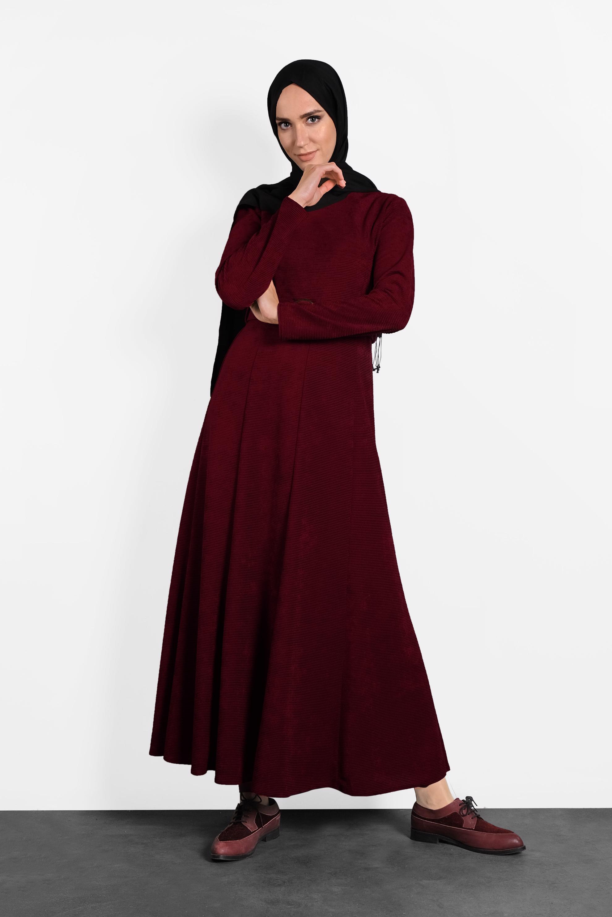 Tesettür giyim BORDO ŞÖNİL KADİFE ELBİSE 40287