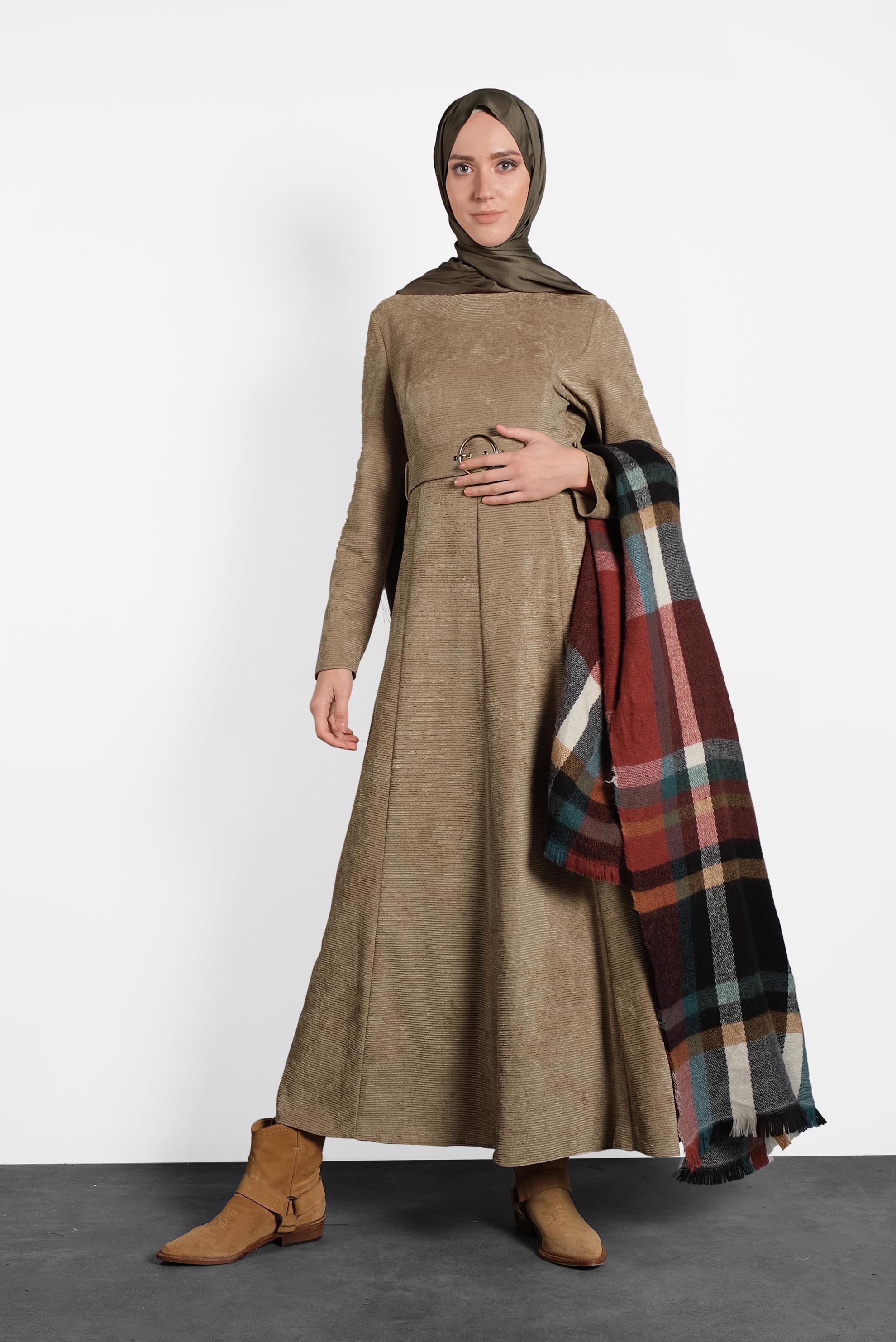 Tesettür giyim KAHVE ŞÖNİL KADİFE ELBİSE 40287