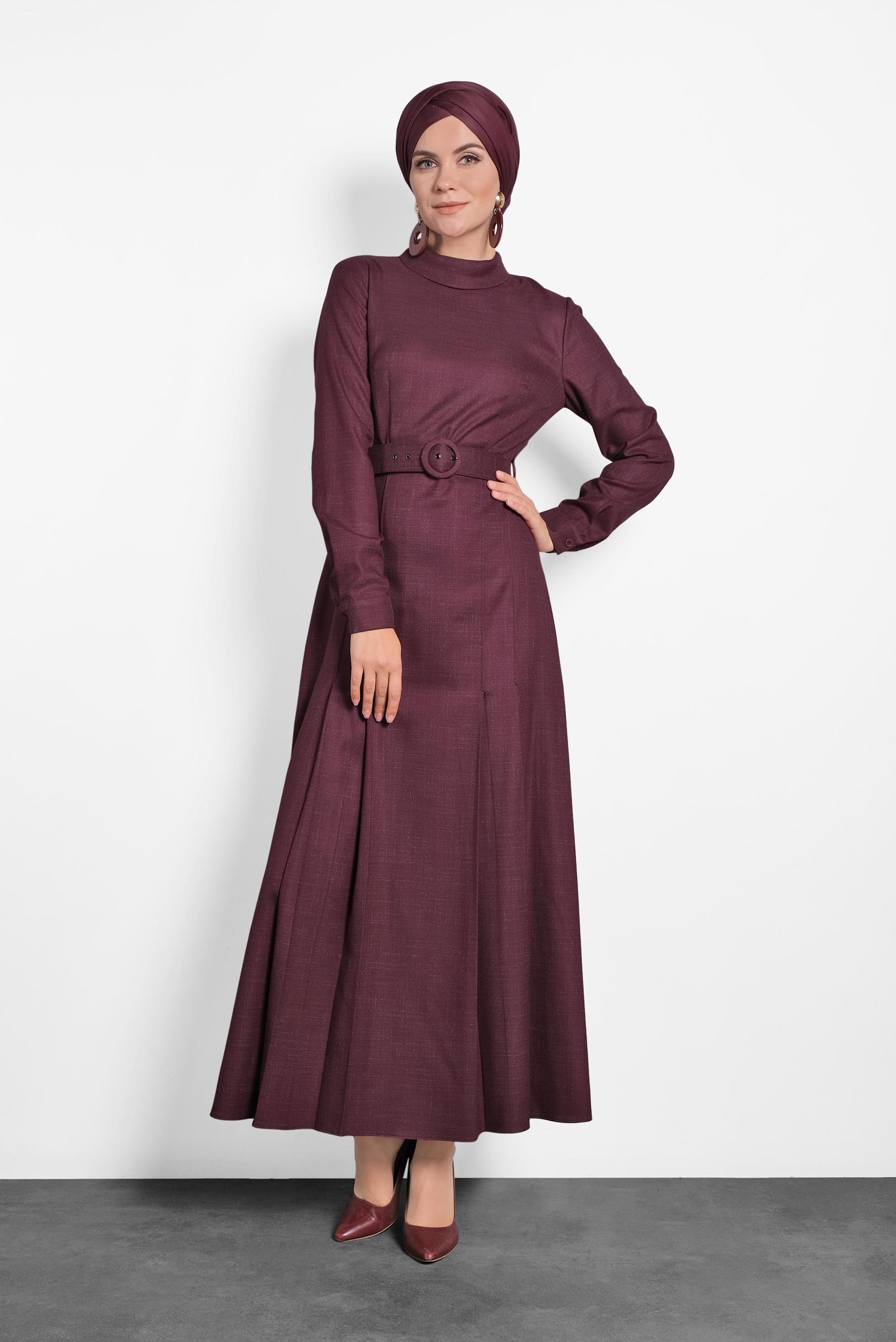 Tesettür giyim KIRMIZI KEMERLİ BALIKÇI YAKA ELBİSE 40289