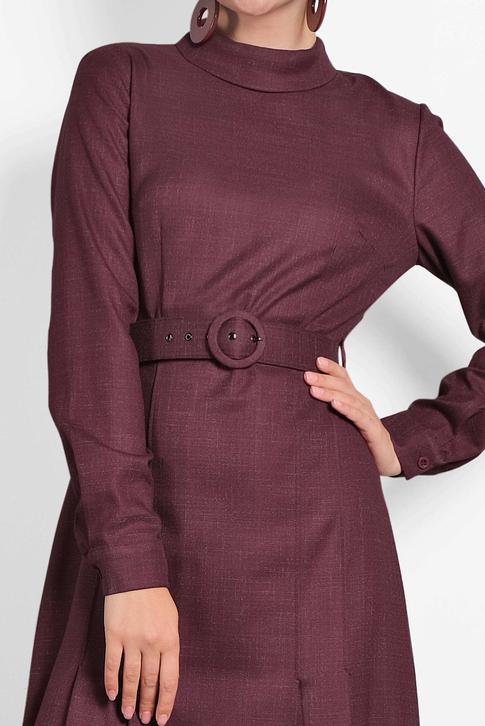 Tesettür giyim KIRMIZI KEMERLİ BALIKÇI YAKA ELBİSE 40289