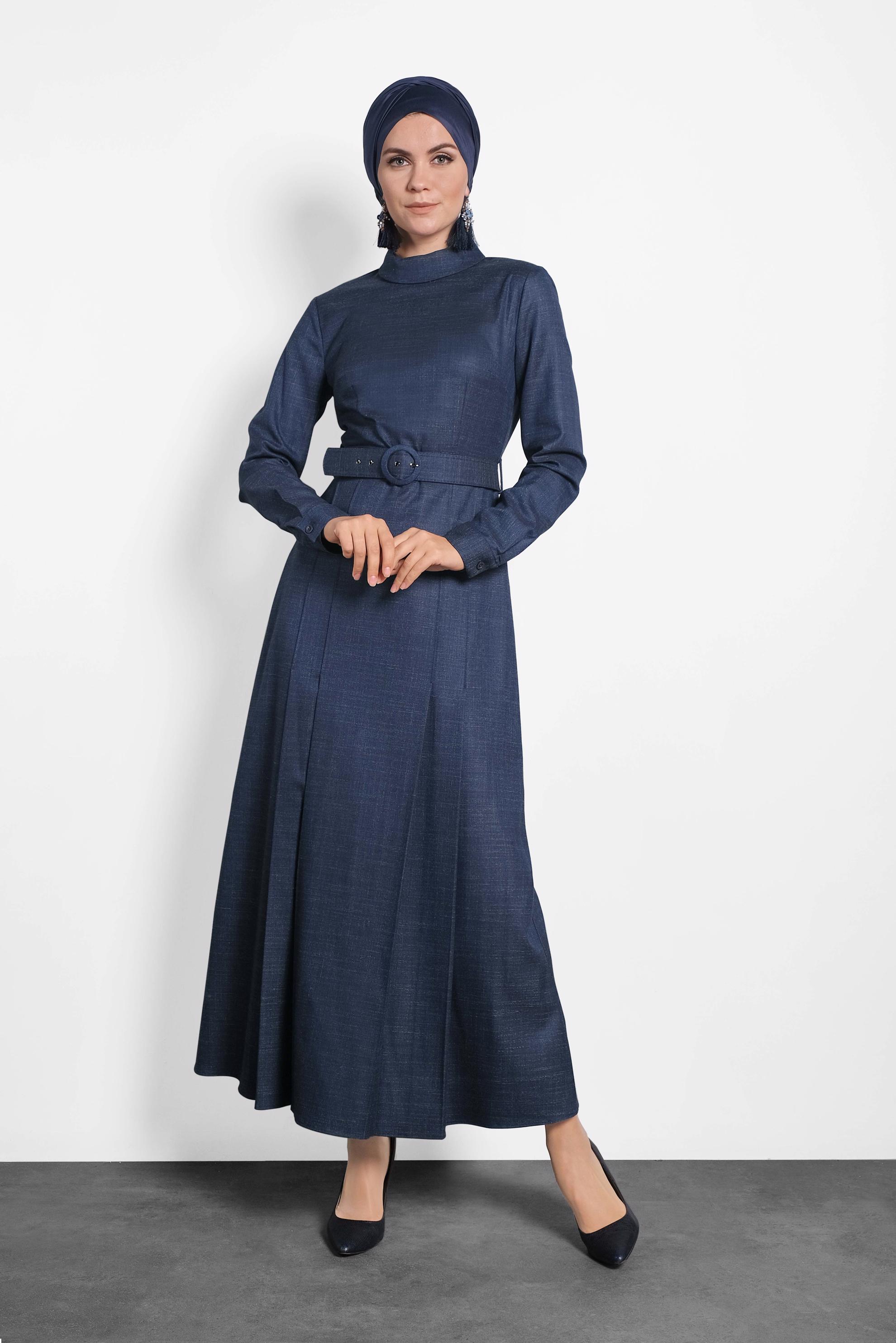 Tesettür giyim LACİVERT KEMERLİ BALIKÇI YAKA ELBİSE 40289