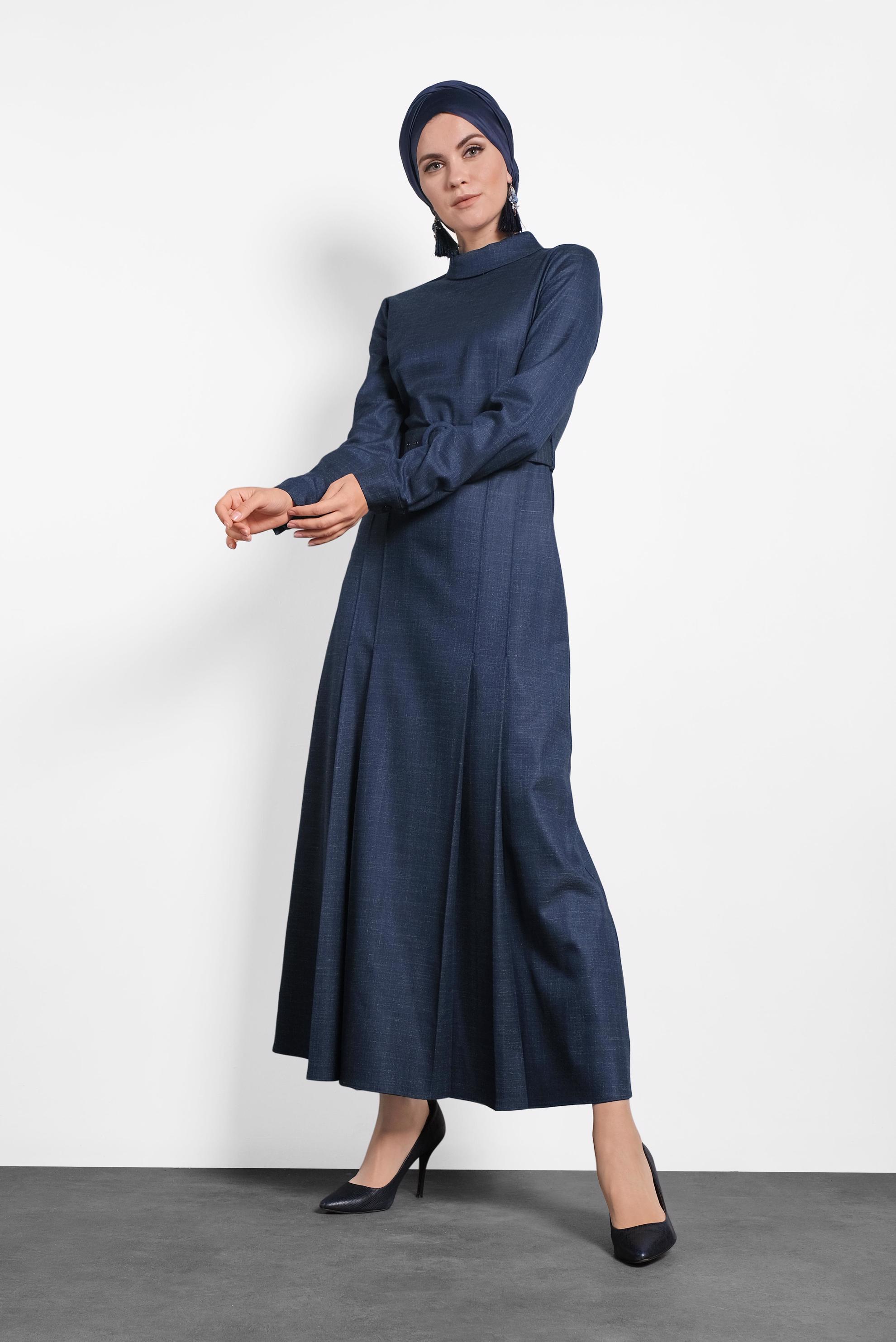 Tesettür giyim LACİVERT KEMERLİ BALIKÇI YAKA ELBİSE 40289