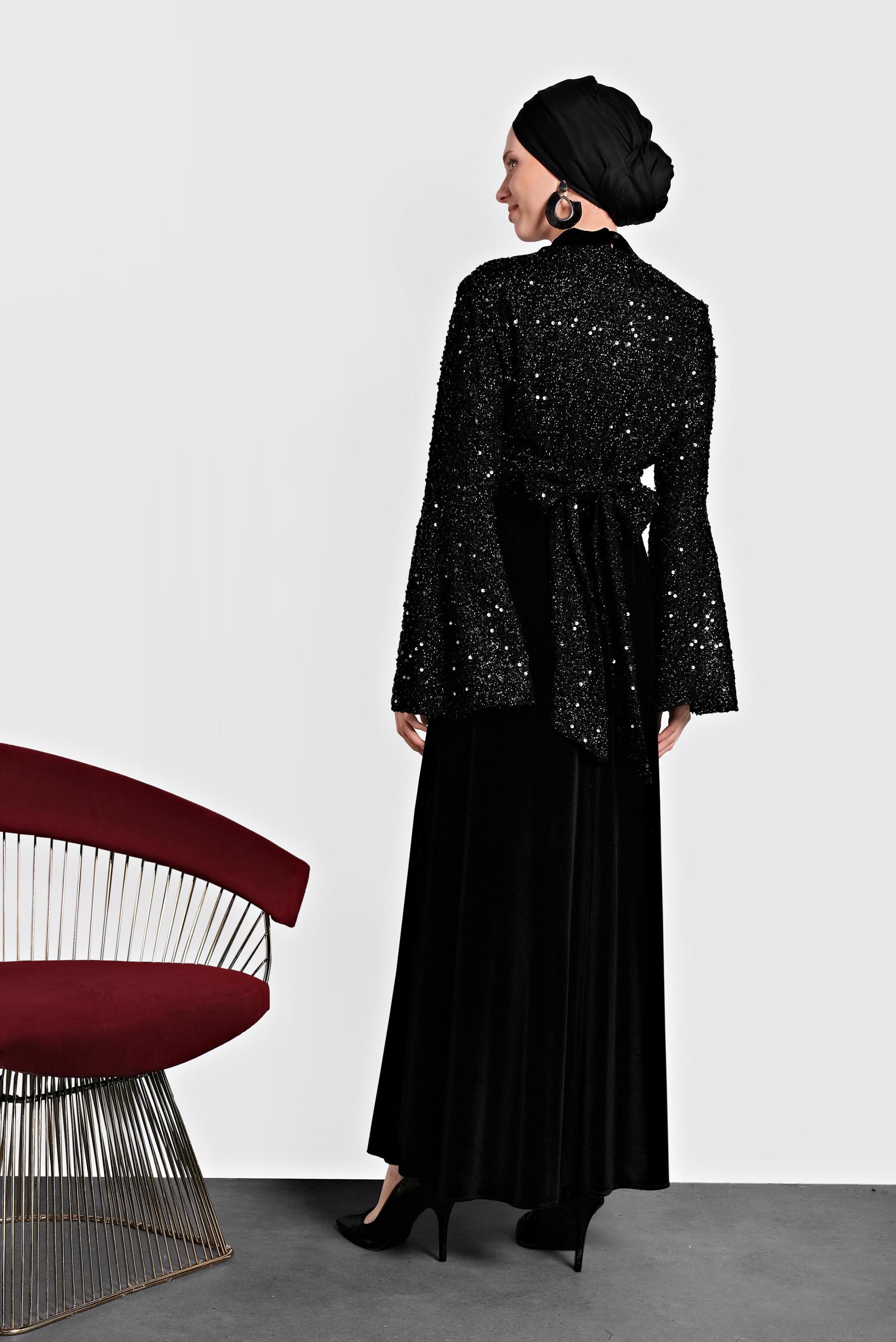 Tesettür giyim SİYAH PULLU TROMPET KOL ELBİSE 40291 