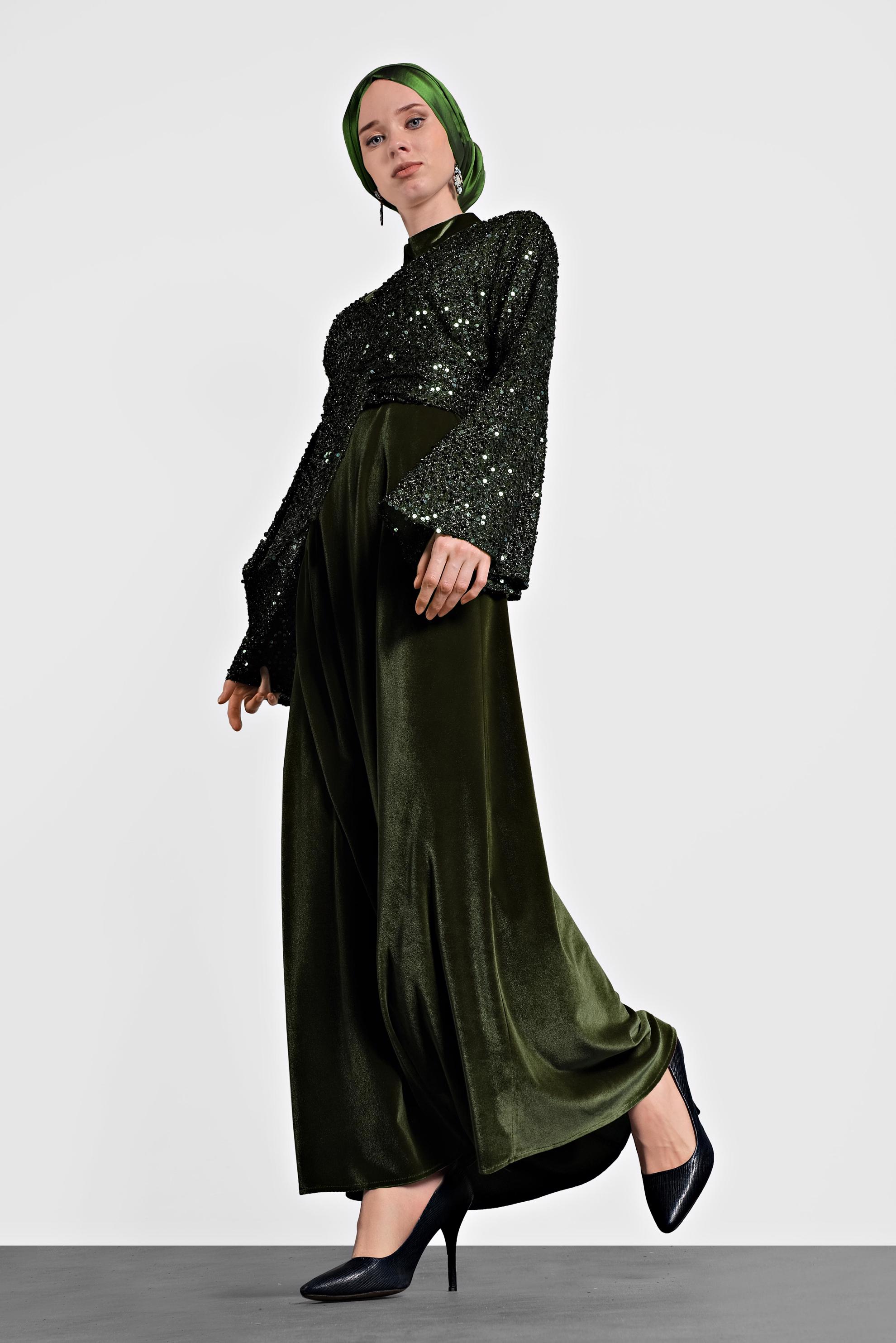 Tesettür giyim HAKİ PULLU TROMPET KOL ELBİSE 40291 