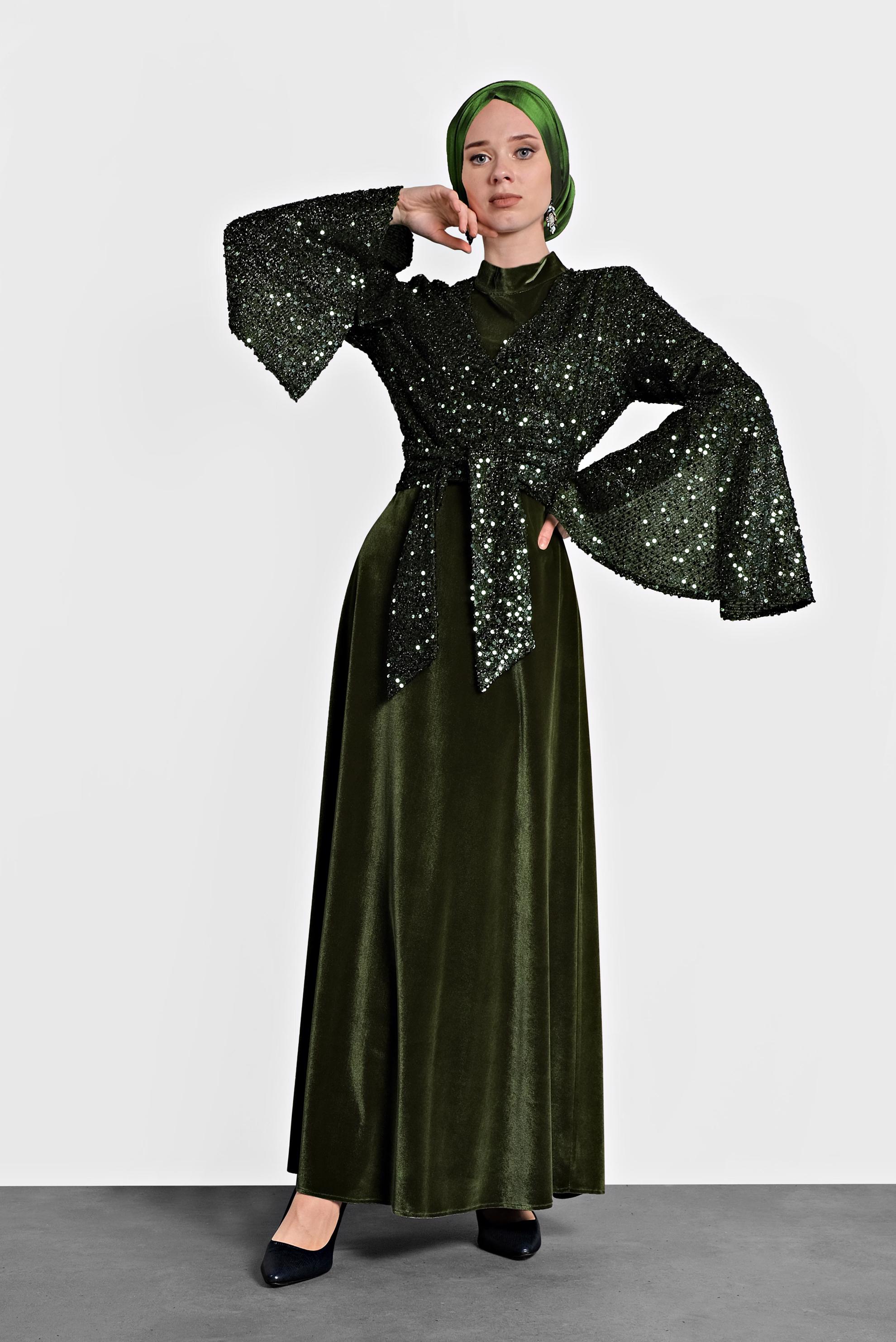 Tesettür giyim HAKİ PULLU TROMPET KOL ELBİSE 40291 