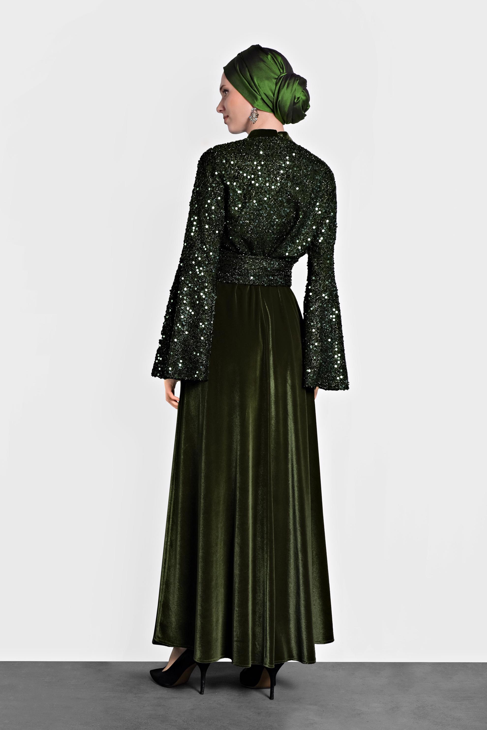 Tesettür giyim HAKİ PULLU TROMPET KOL ELBİSE 40291 