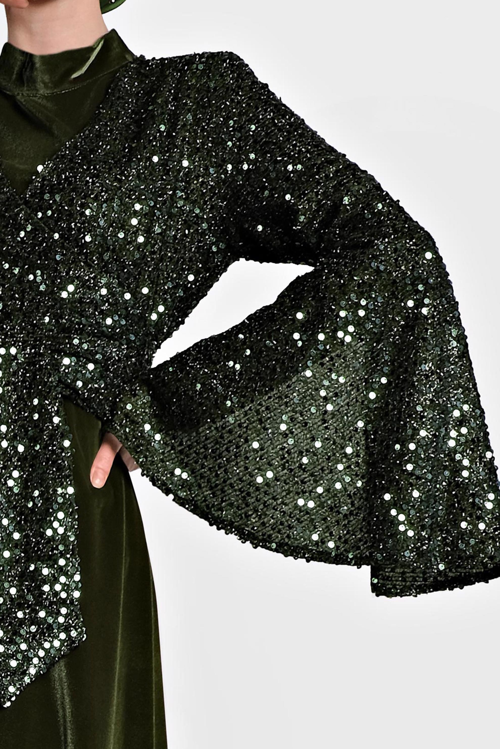 Tesettür giyim HAKİ PULLU TROMPET KOL ELBİSE 40291 