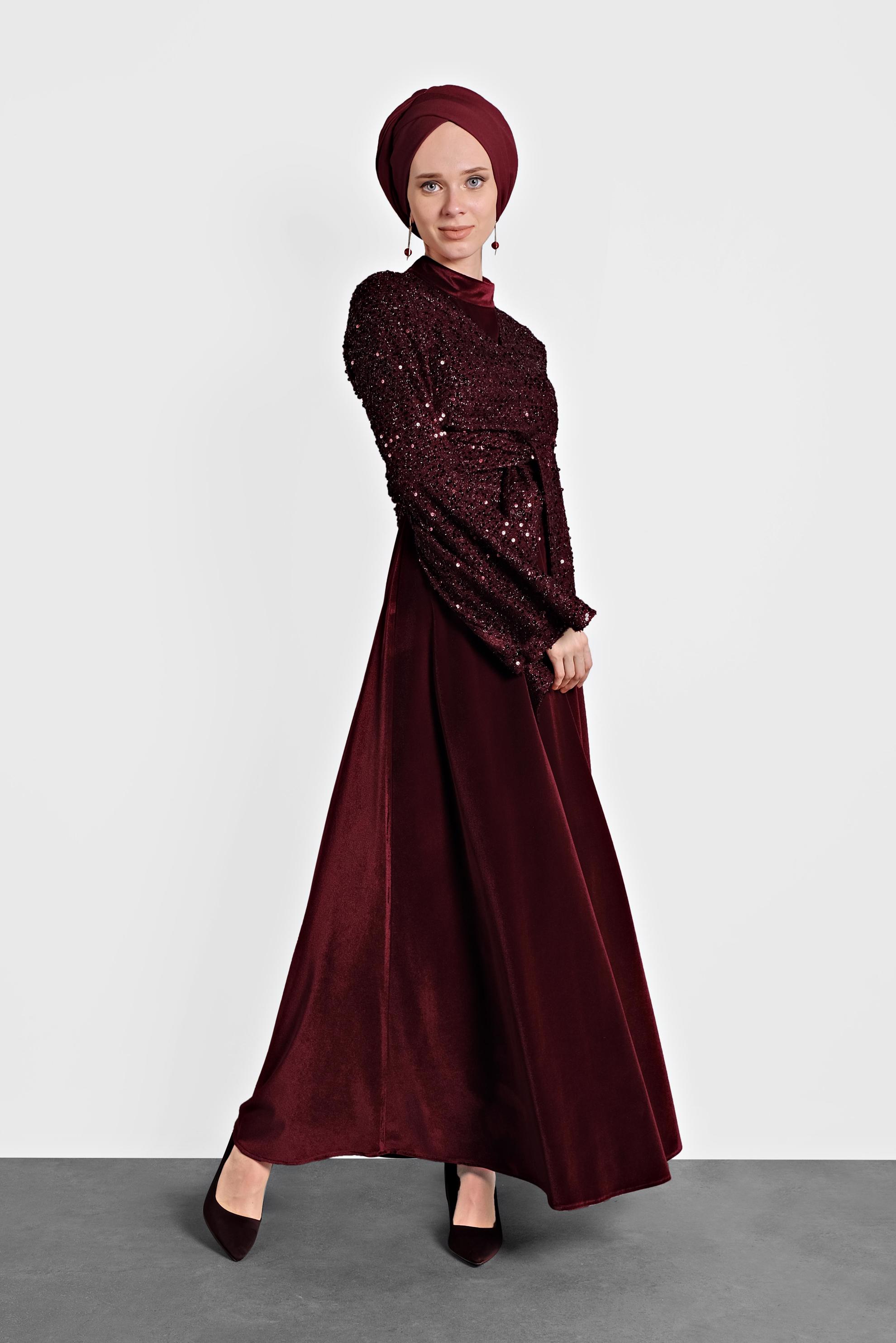 Tesettür giyim BORDO PULLU TROMPET KOL ELBİSE 40291 