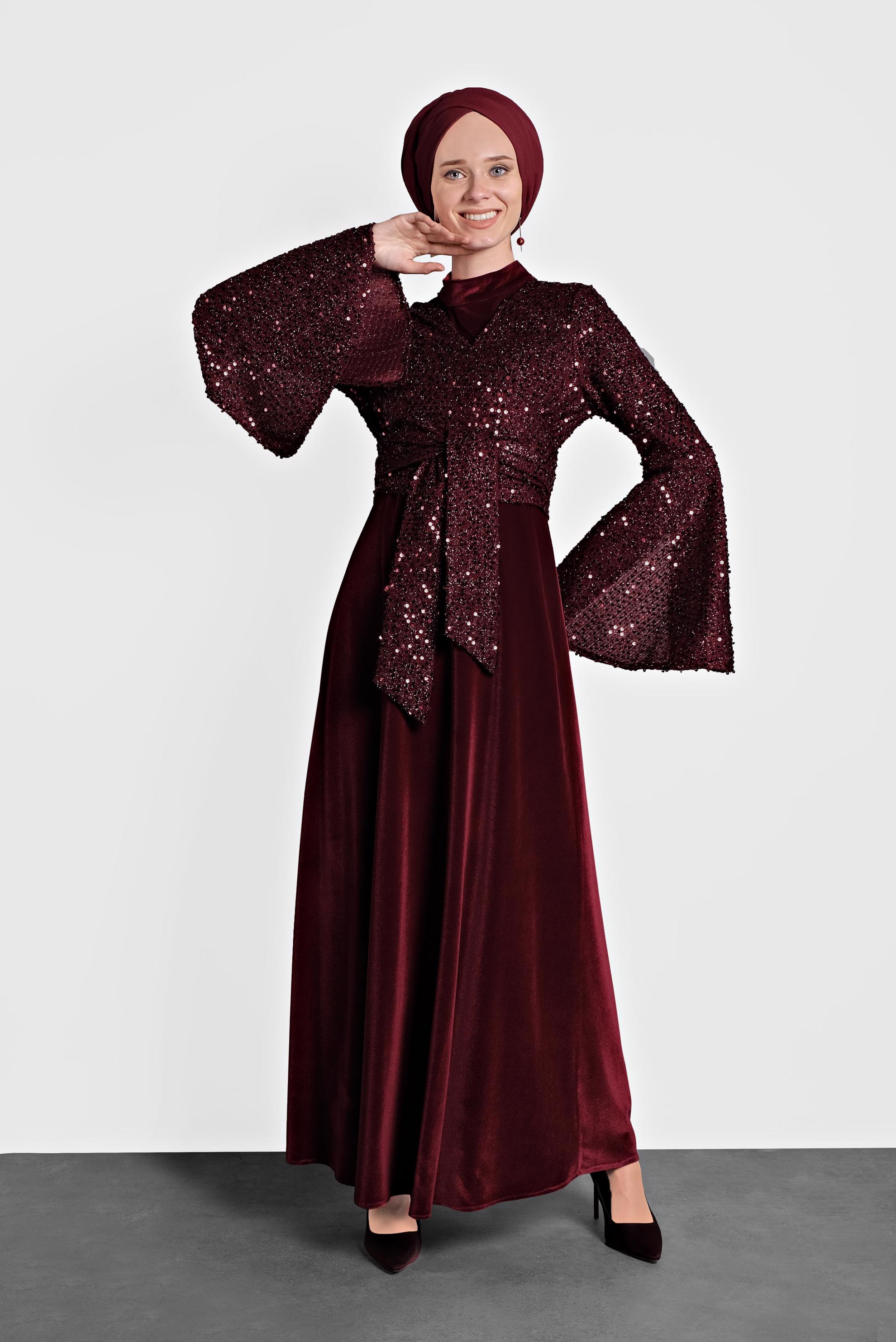 Tesettür giyim BORDO PULLU TROMPET KOL ELBİSE 40291 