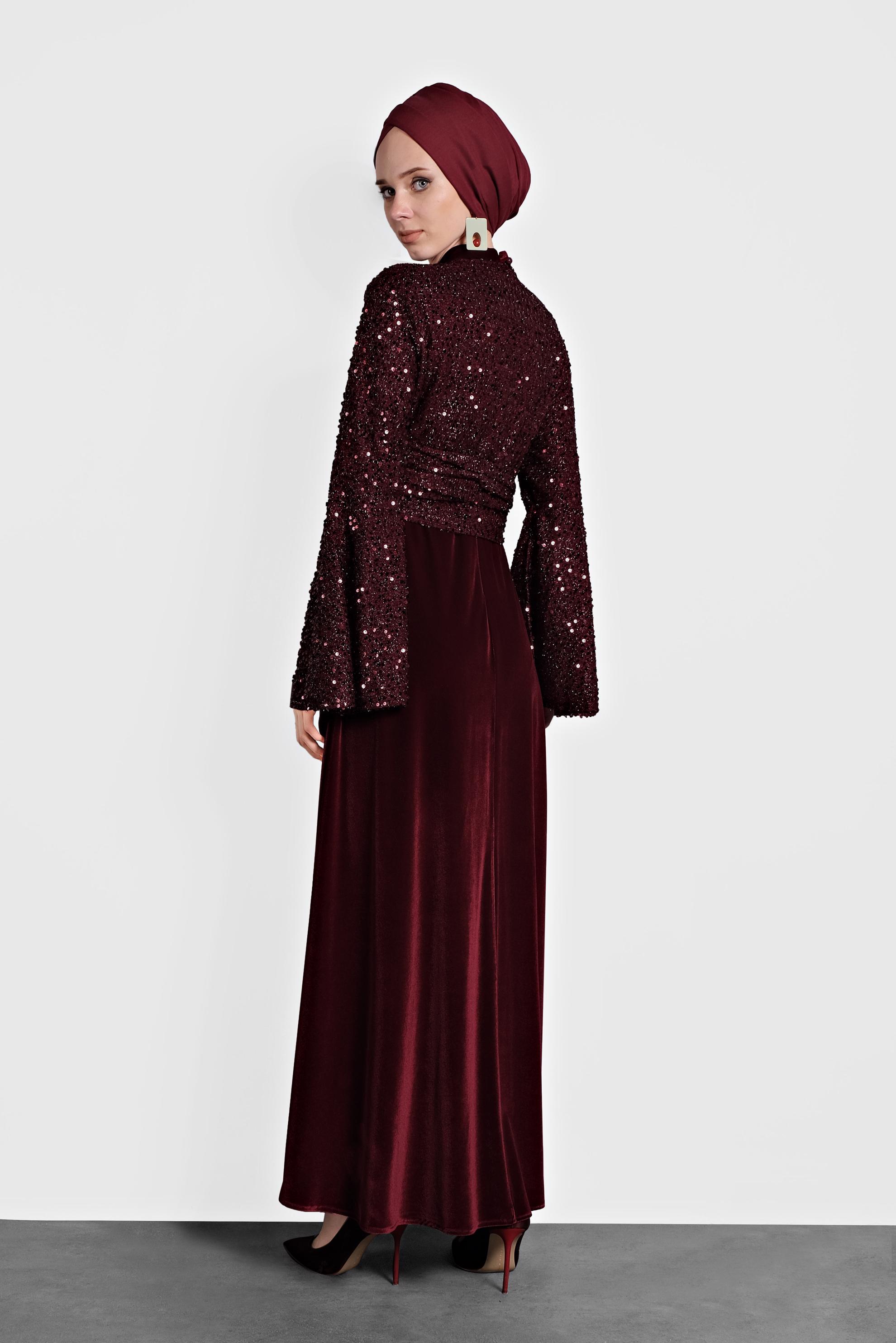 Tesettür giyim BORDO PULLU TROMPET KOL ELBİSE 40291 