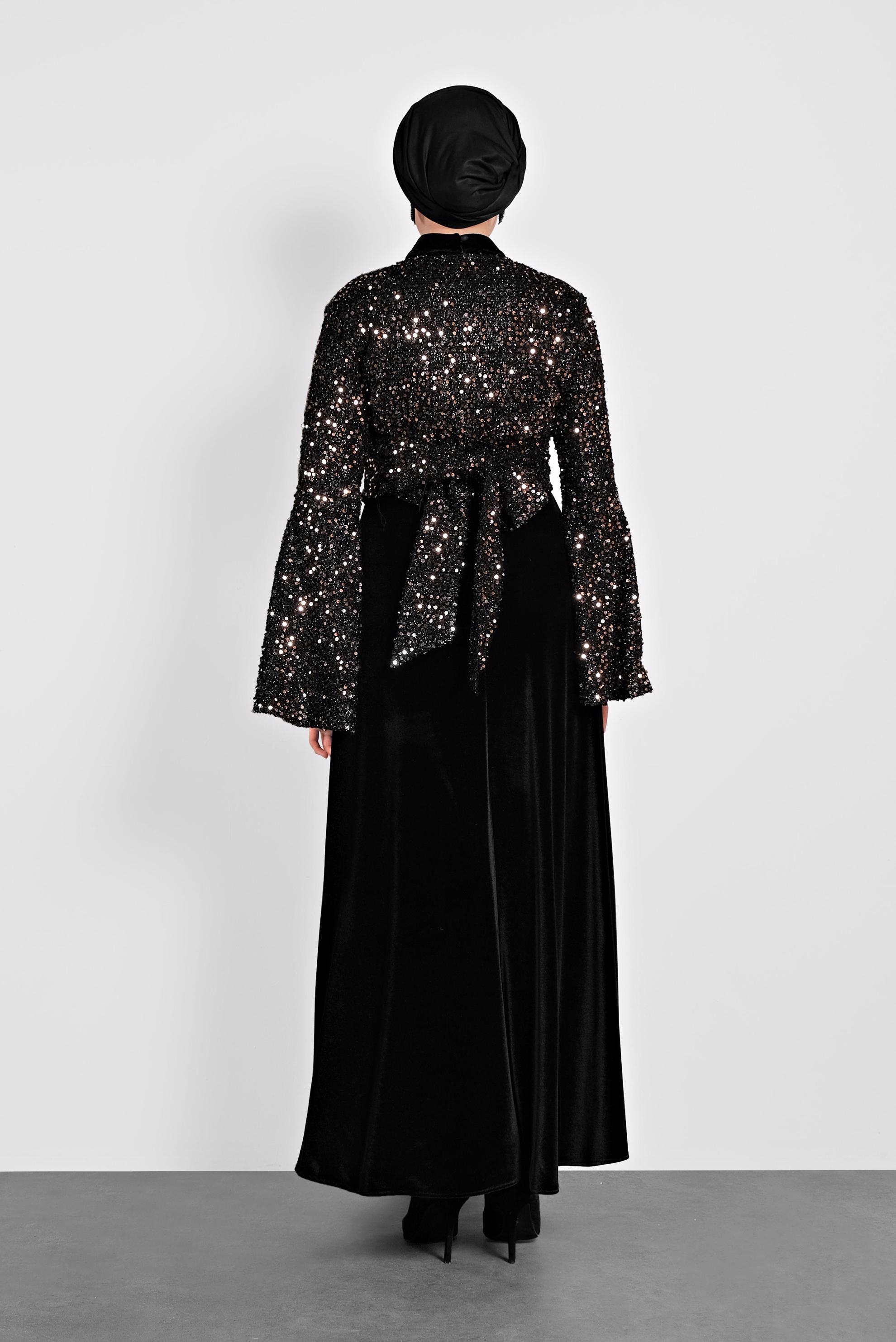 Tesettür giyim SİYAH PULLU TROMPET KOL ELBİSE 40291 