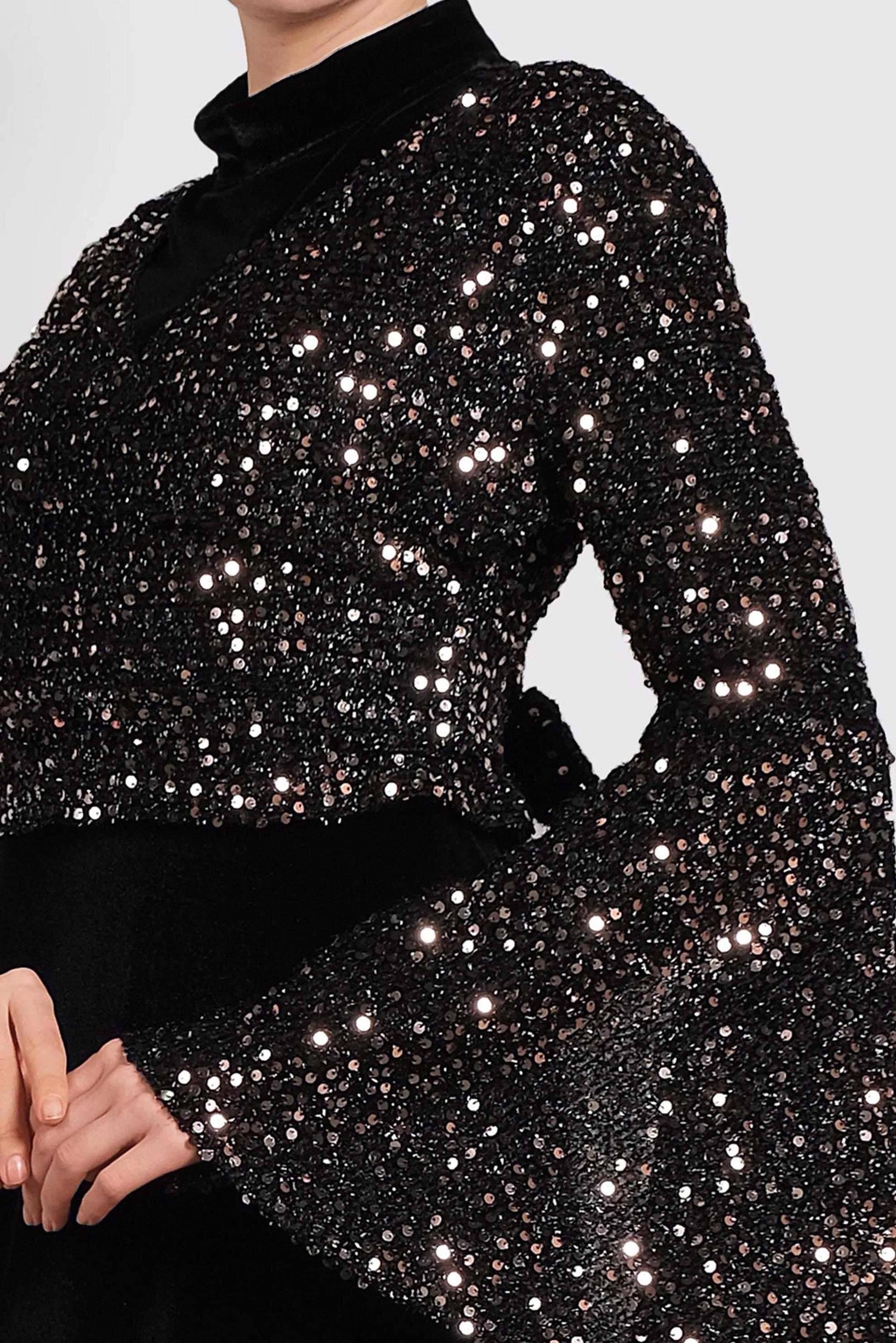 Tesettür giyim SİYAH PULLU TROMPET KOL ELBİSE 40291 