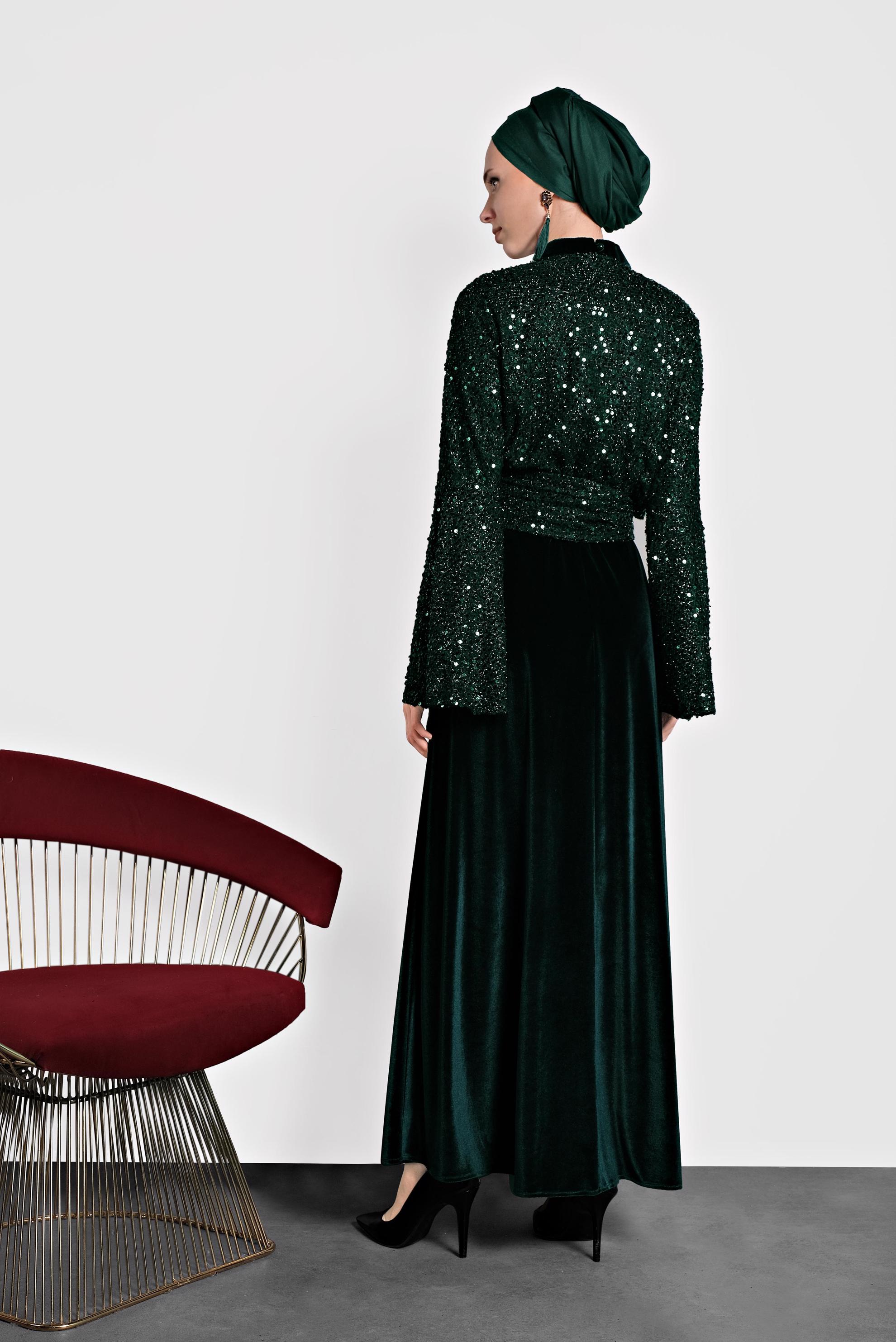 Tesettür giyim YEŞİL PULLU TROMPET KOL ELBİSE 40291 