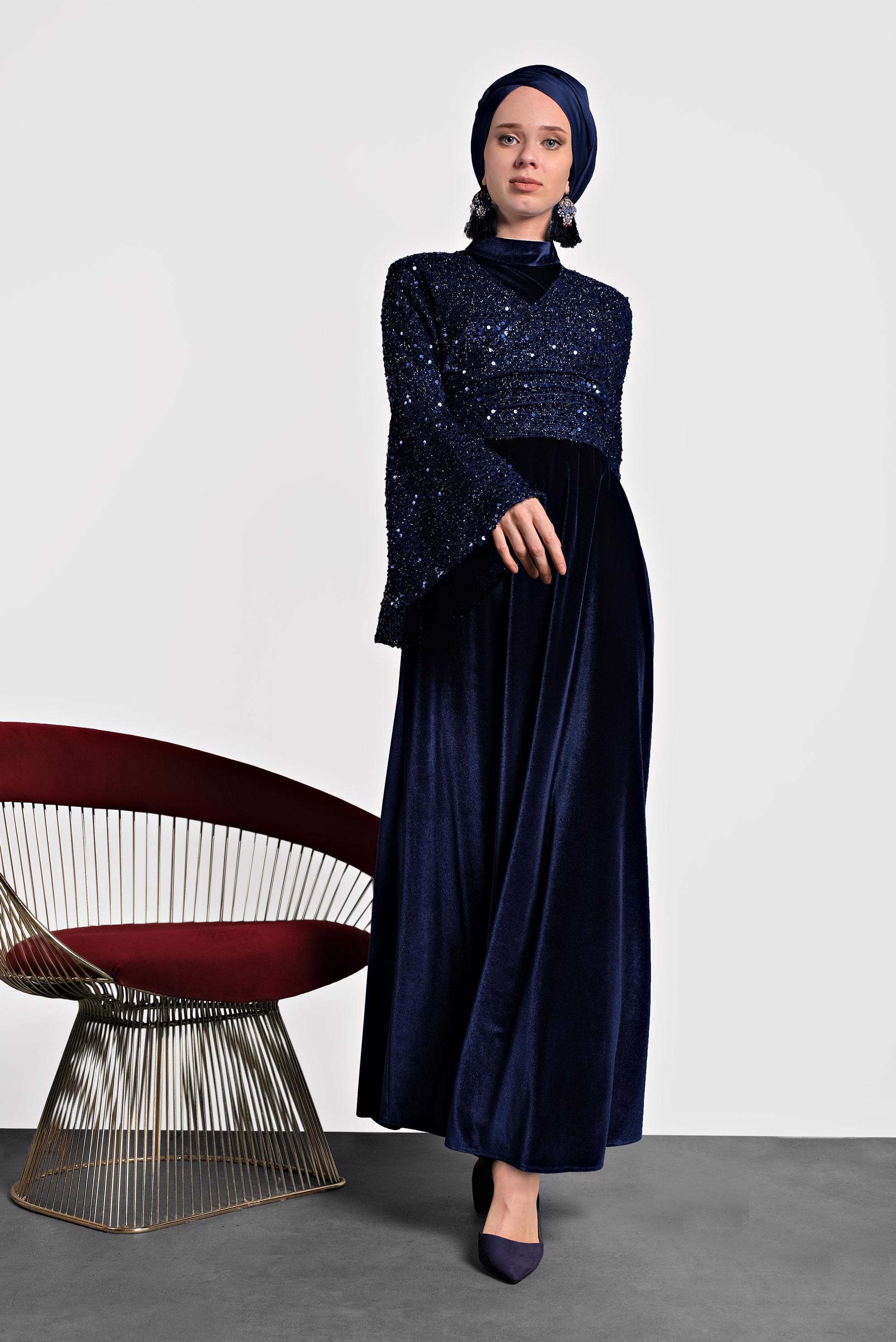 Tesettür giyim MAVİ PULLU TROMPET KOL ELBİSE 40291 