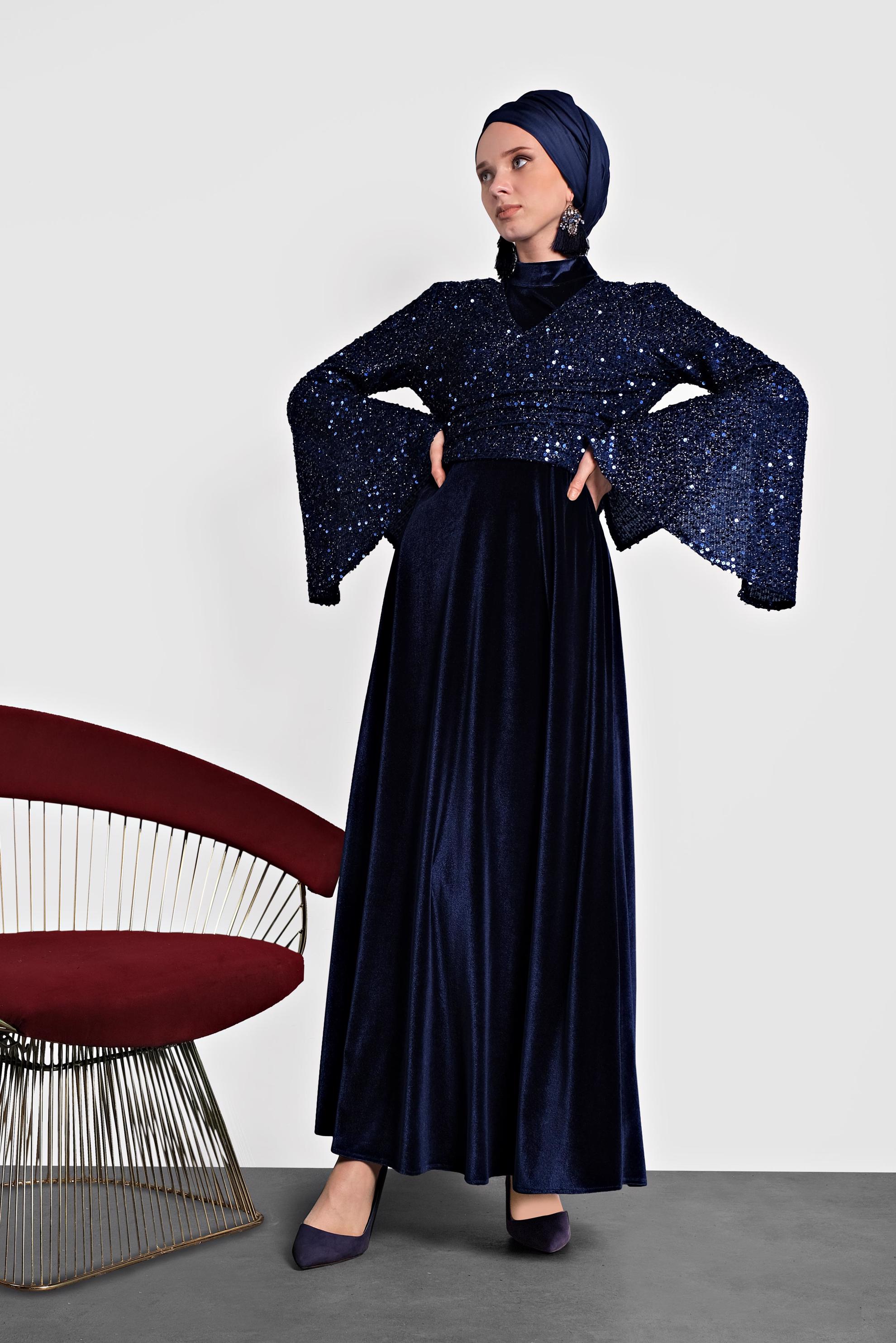 Tesettür giyim MAVİ PULLU TROMPET KOL ELBİSE 40291 