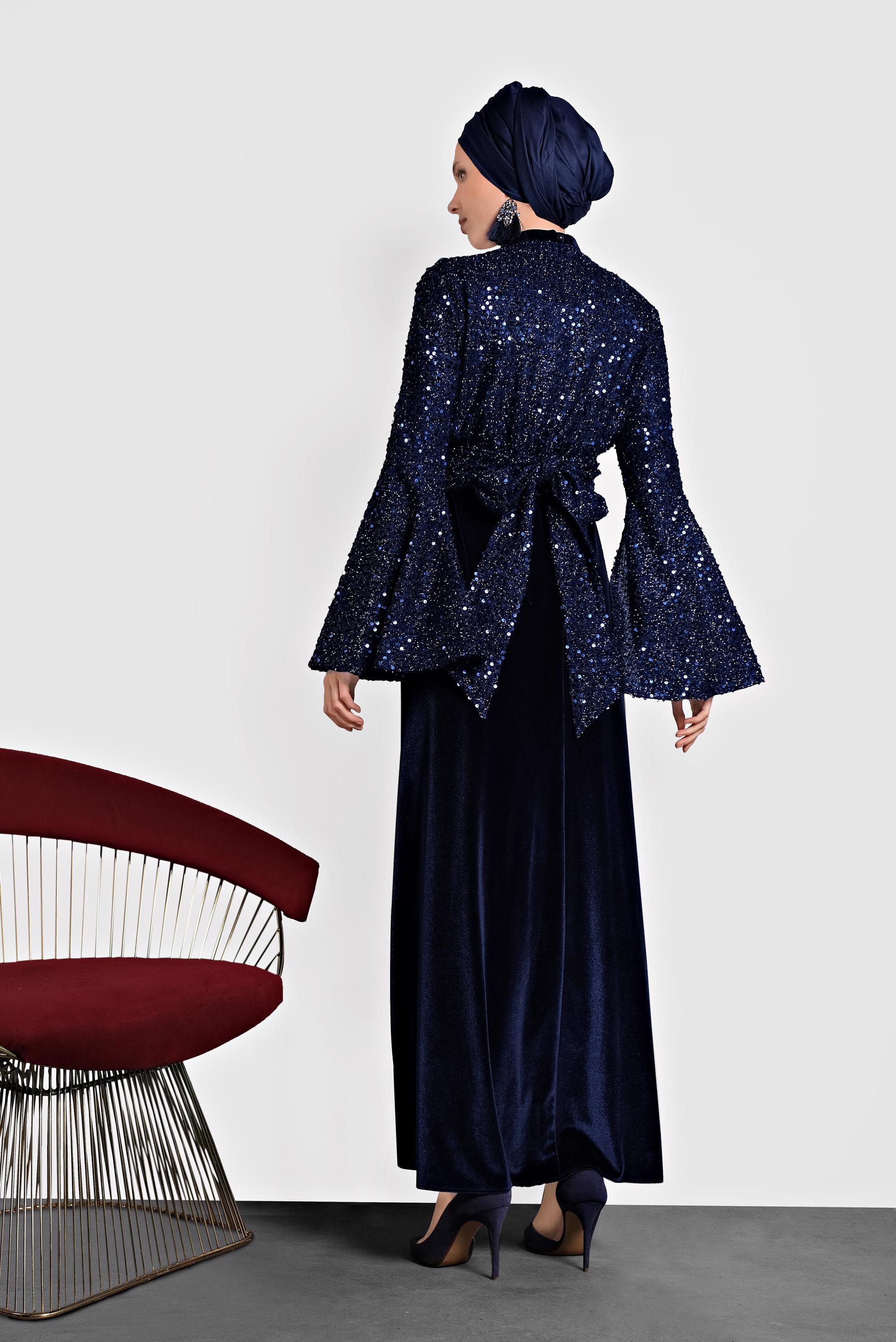 Tesettür giyim MAVİ PULLU TROMPET KOL ELBİSE 40291 