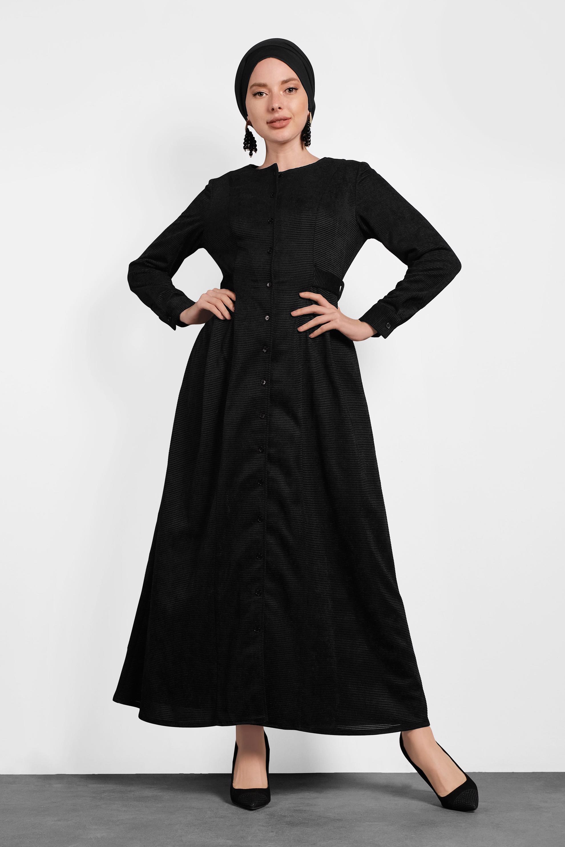 Tesettür giyim SİYAH ŞÖNİL KADİFE ELBİSE 40298 