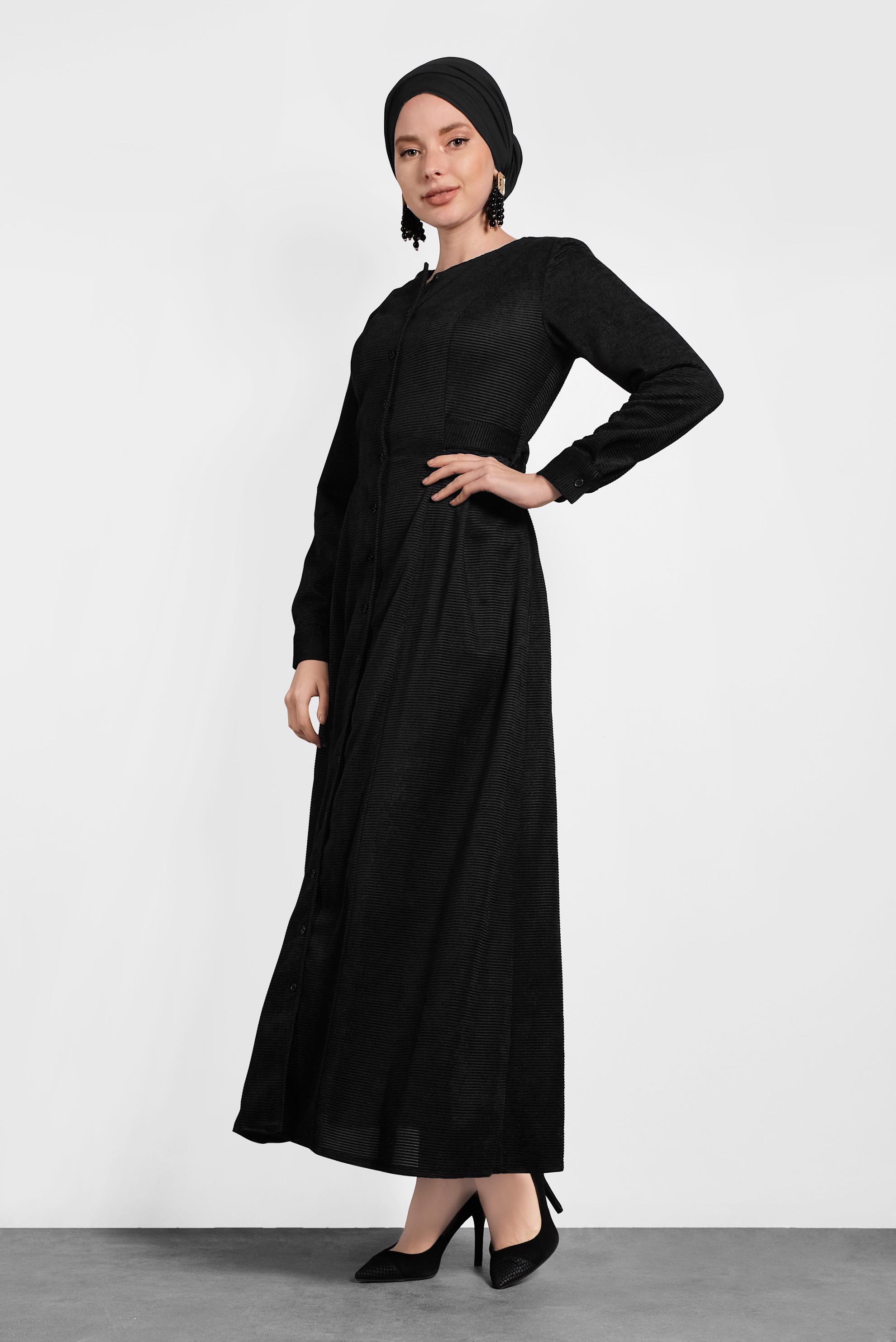 Tesettür giyim SİYAH ŞÖNİL KADİFE ELBİSE 40298 