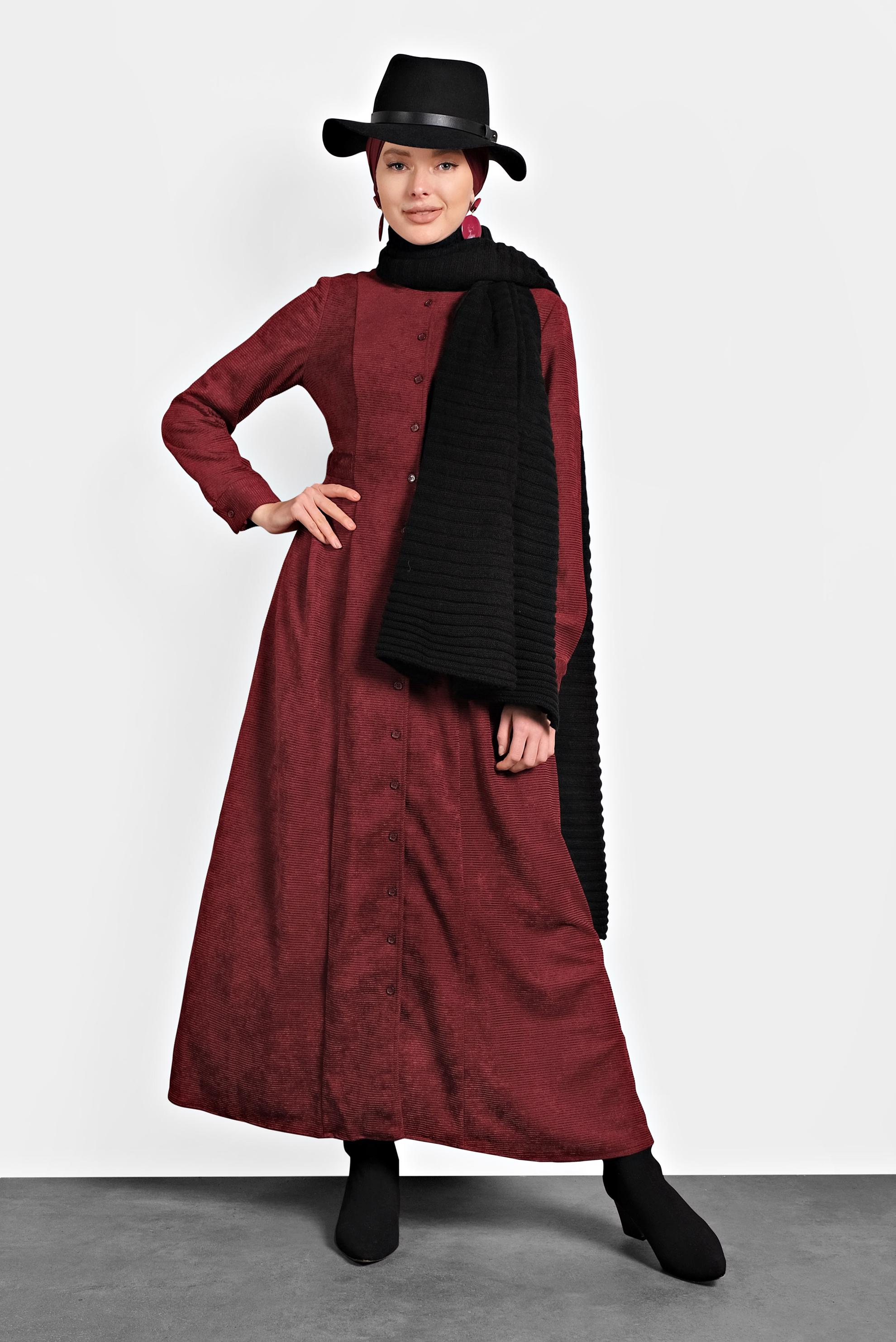 Tesettür giyim BORDO ŞÖNİL KADİFE ELBİSE 40298 