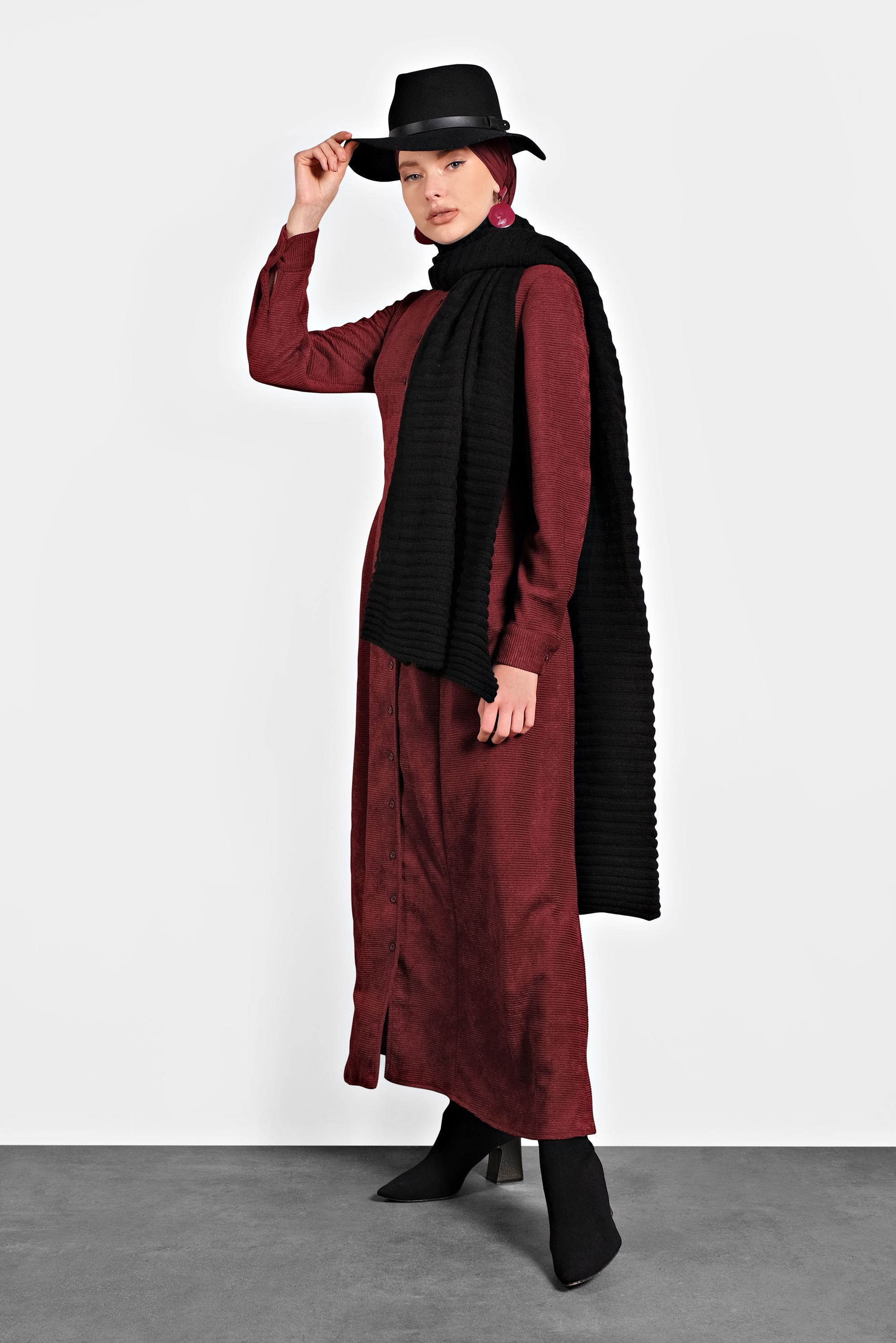 Tesettür giyim BORDO ŞÖNİL KADİFE ELBİSE 40298 