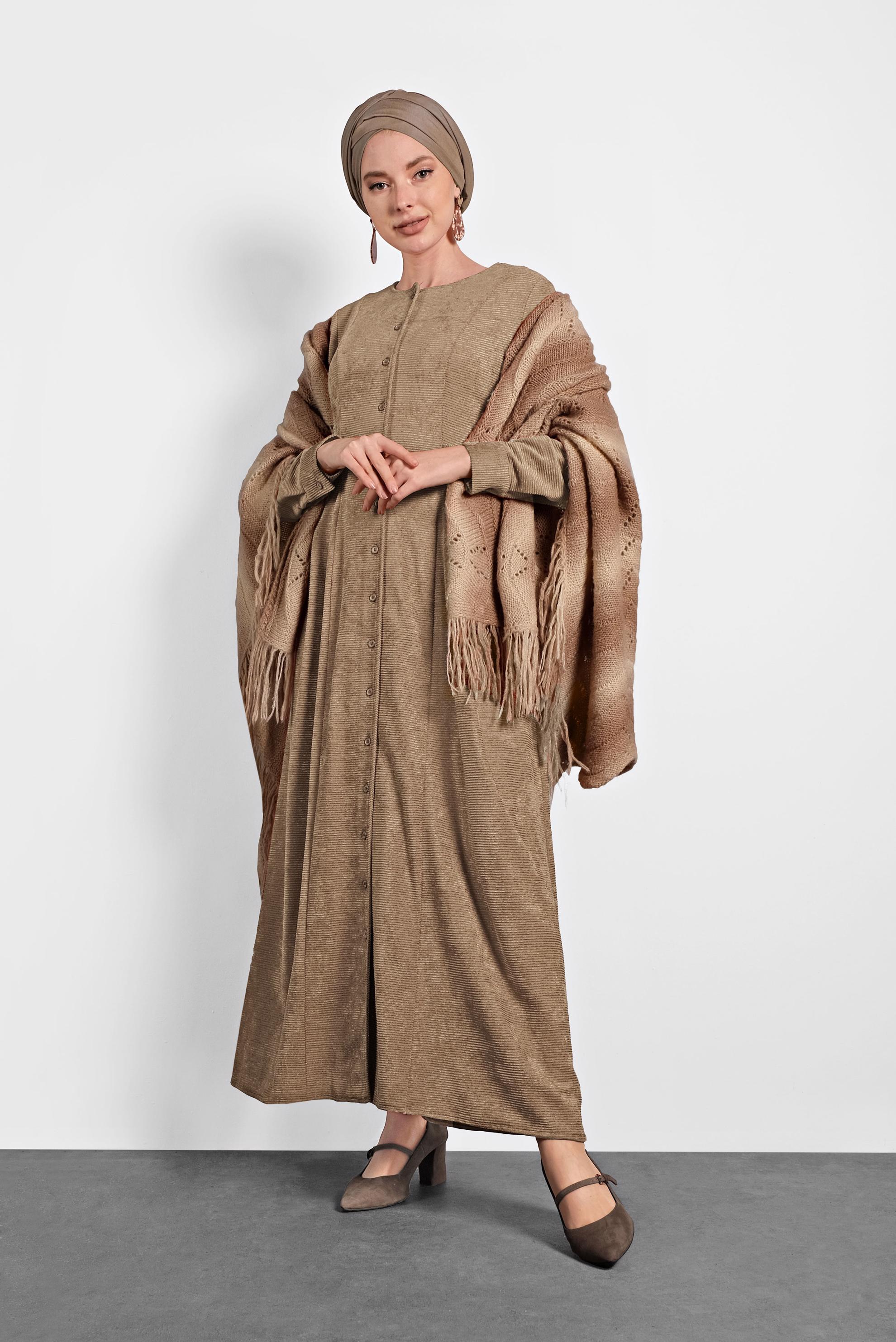 Tesettür giyim KAHVE ŞÖNİL KADİFE ELBİSE 40298 