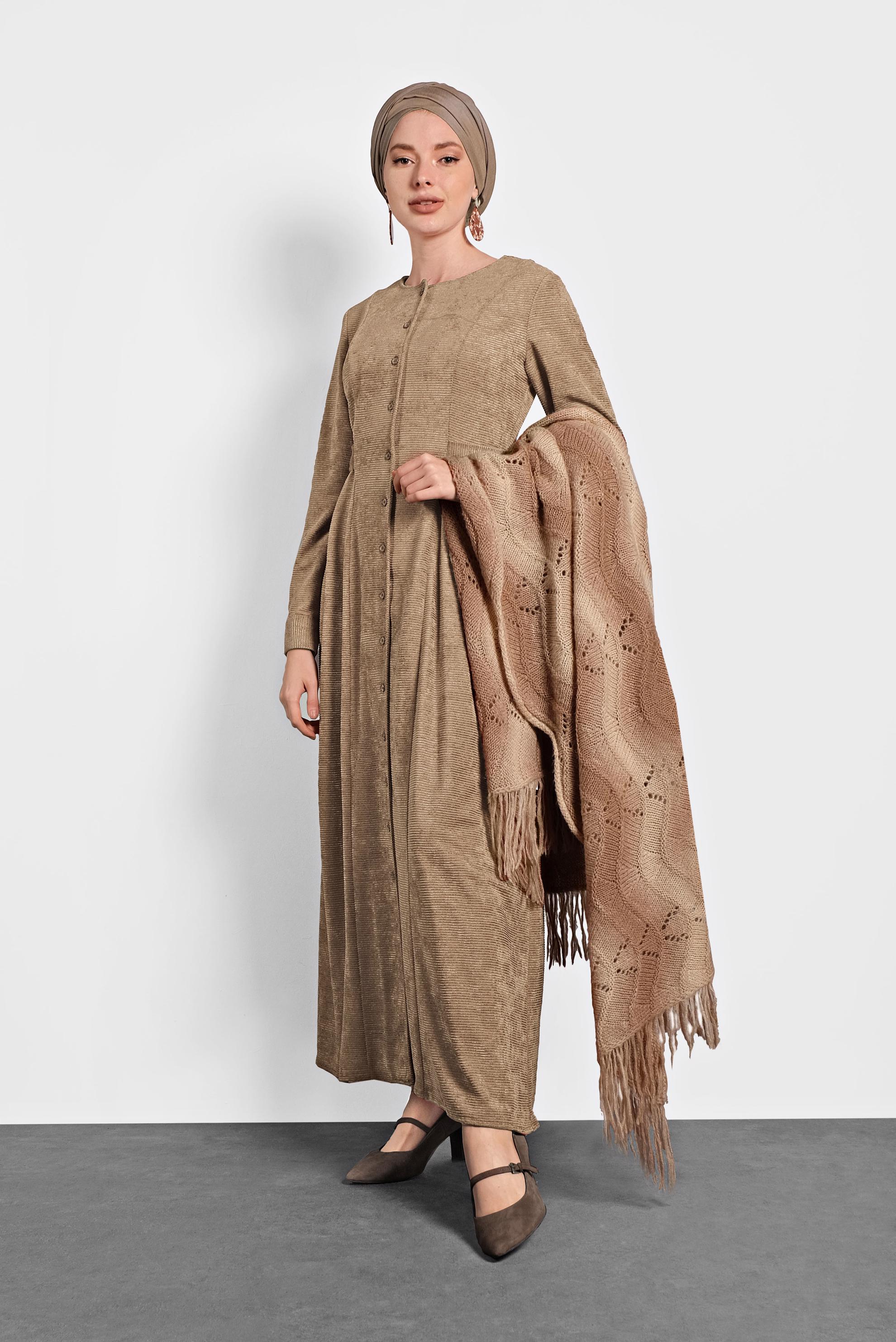 Tesettür giyim KAHVE ŞÖNİL KADİFE ELBİSE 40298 