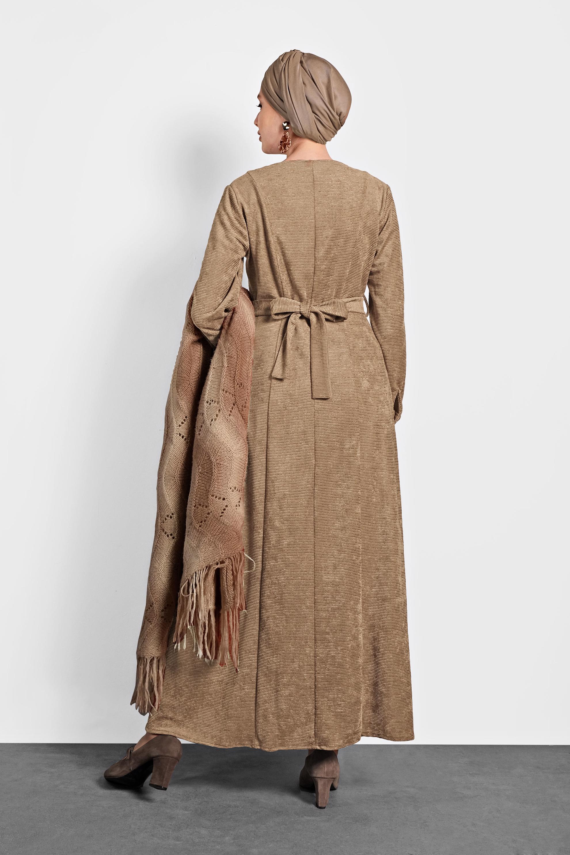 Tesettür giyim KAHVE ŞÖNİL KADİFE ELBİSE 40298 