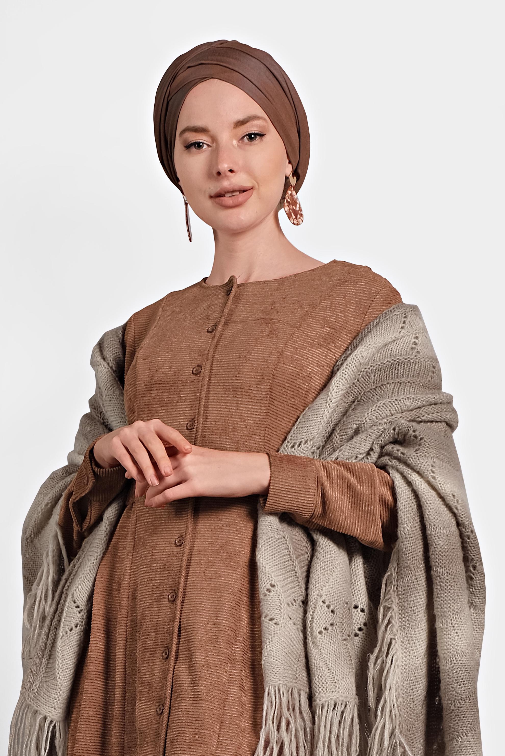 Tesettür giyim TURUNCU ŞÖNİL KADİFE ELBİSE 40298 