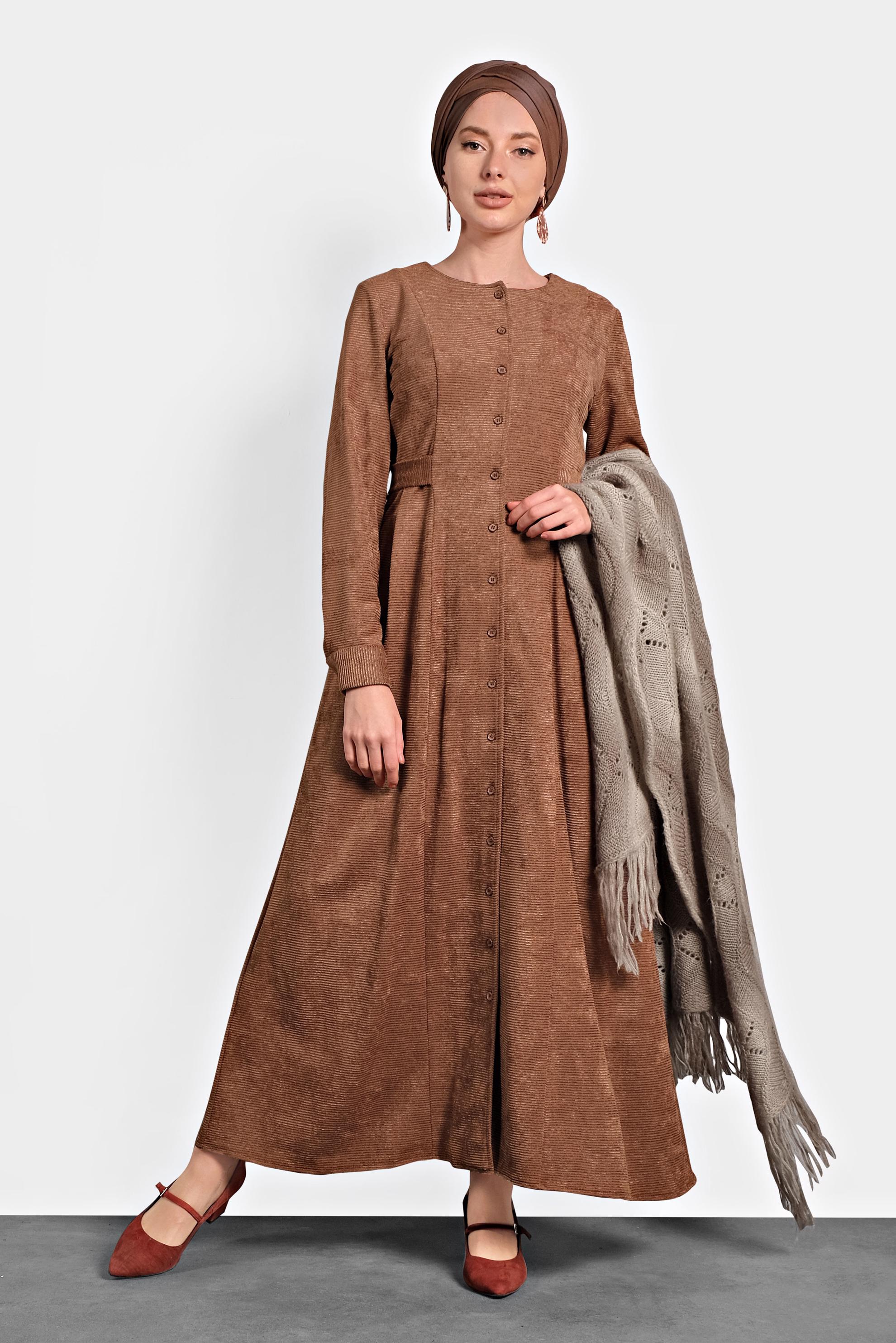 Tesettür giyim TURUNCU ŞÖNİL KADİFE ELBİSE 40298 