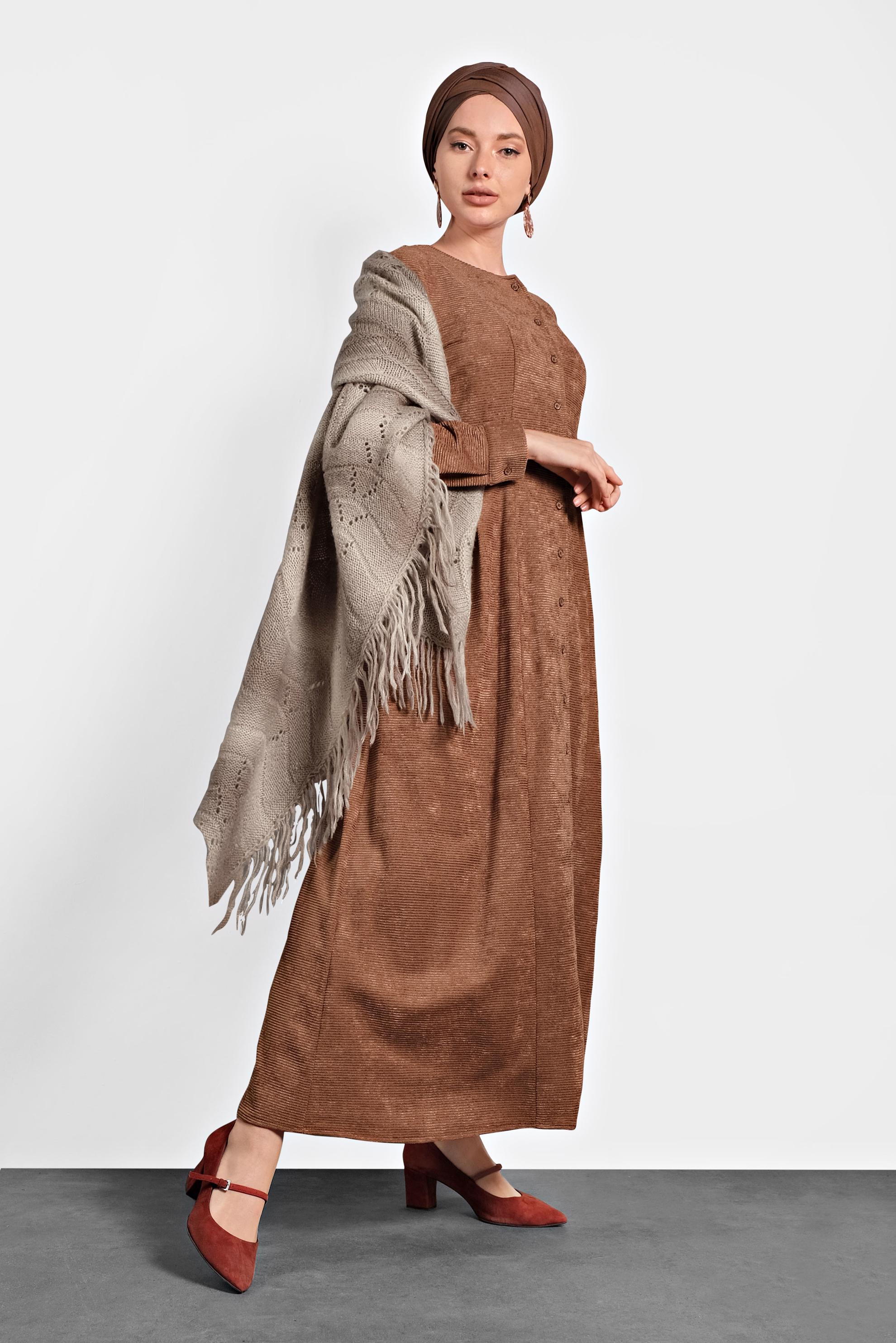 Tesettür giyim TURUNCU ŞÖNİL KADİFE ELBİSE 40298 