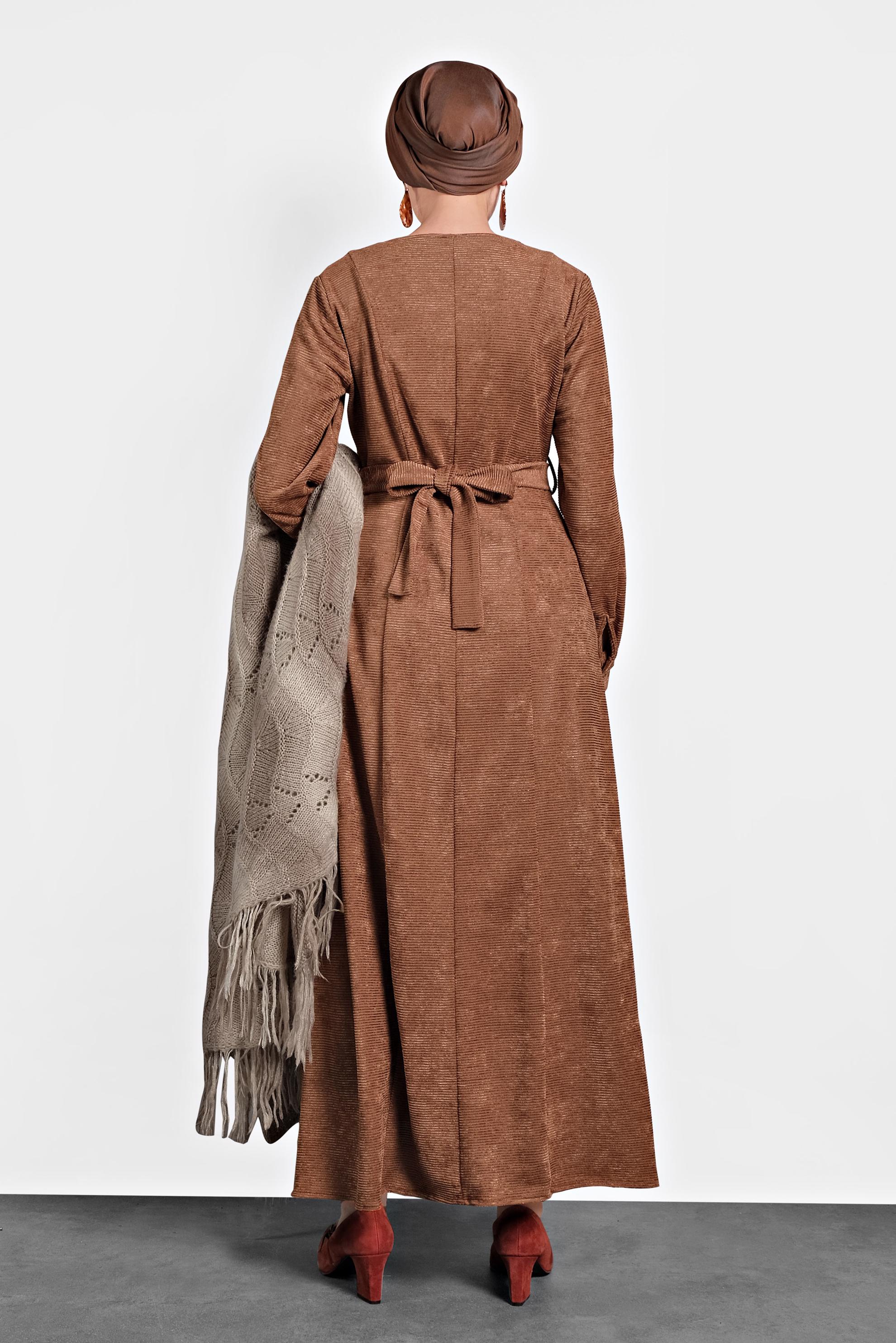 Tesettür giyim TURUNCU ŞÖNİL KADİFE ELBİSE 40298 